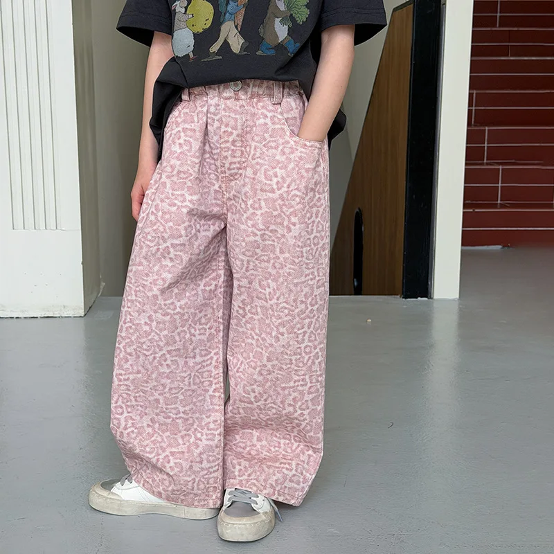Children Casual Sweet and Cool Girls Pants Fashionable and Niche Soft and Cute Pink Leopard Print Pants