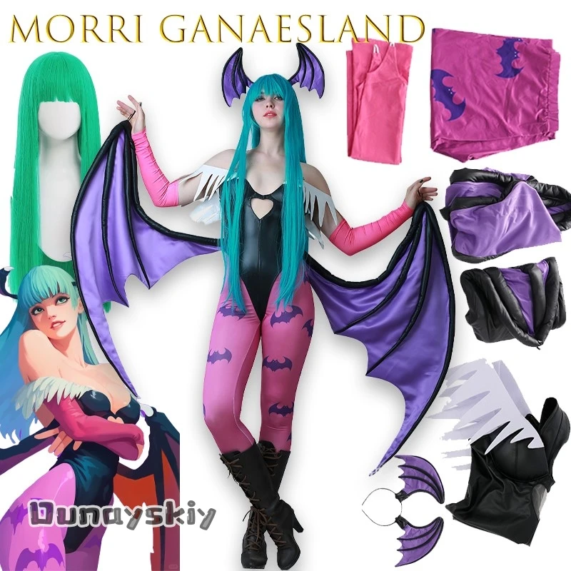 أزياء BMiccos Game Tumes النسائية على شكل قلب مجوف من Morrigan أزياء تنكرية مع أجنحة وسراويل ضيقة Darkstalkers Succubus {Yumekiri}