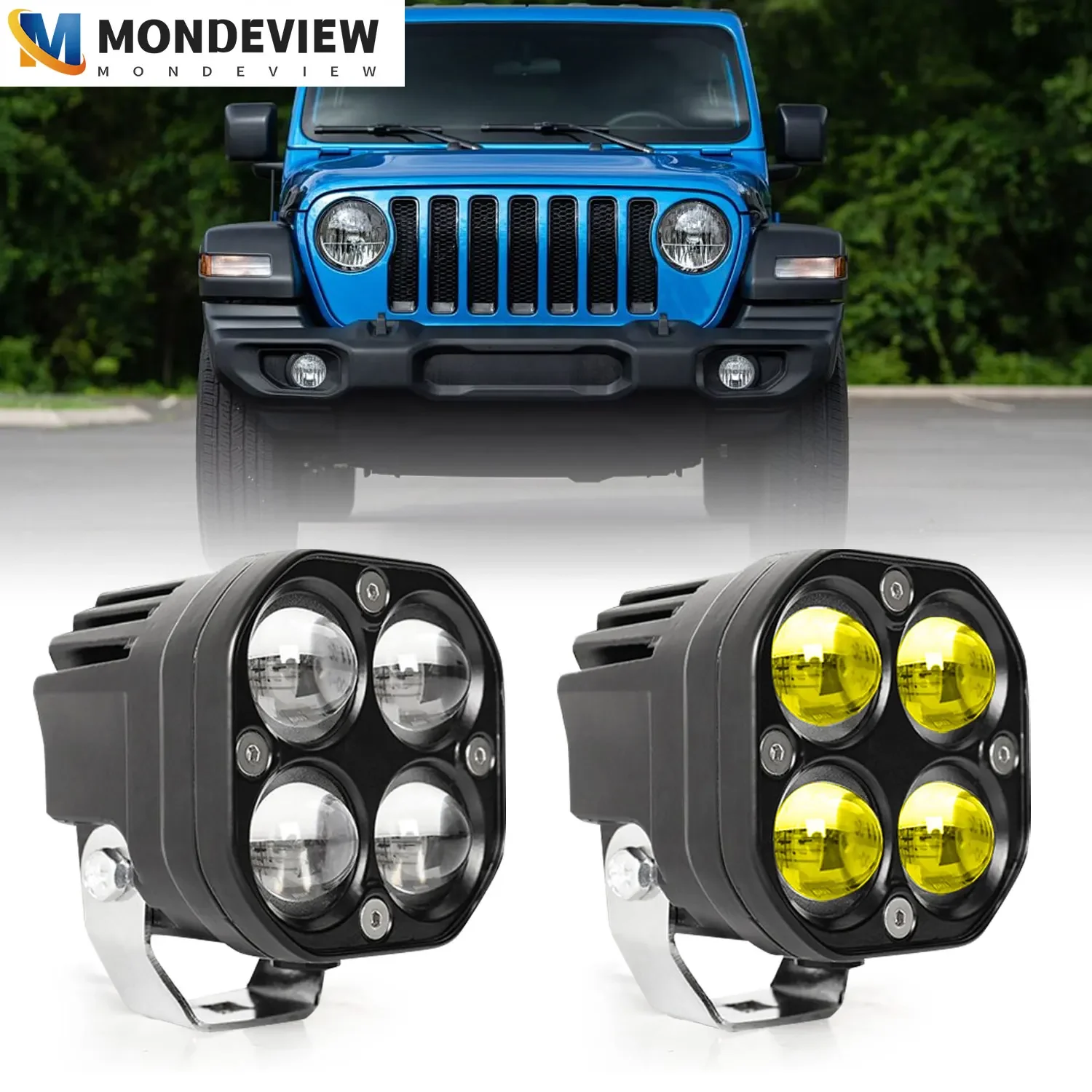 

MONDEVIEW 3 inch adjustable 90 degree lens spotlight 6000K 9000LM 100W dual color LED spotlight motorcycle RGB fog light