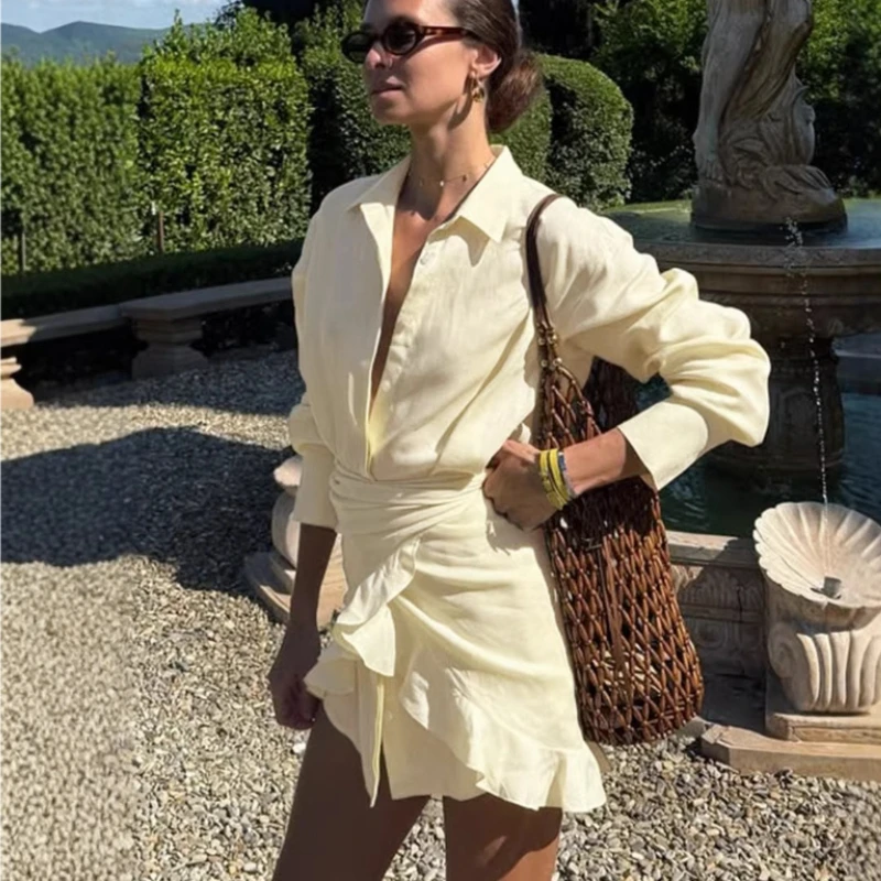 TARUXY Lace Up Shirt Jurk vrouwen Zomer Nieuwe Vakantie Lui Effen Revers Bodycon Onregelmatige Shirt Jurk Vrouwelijke Reizen Strand jurk