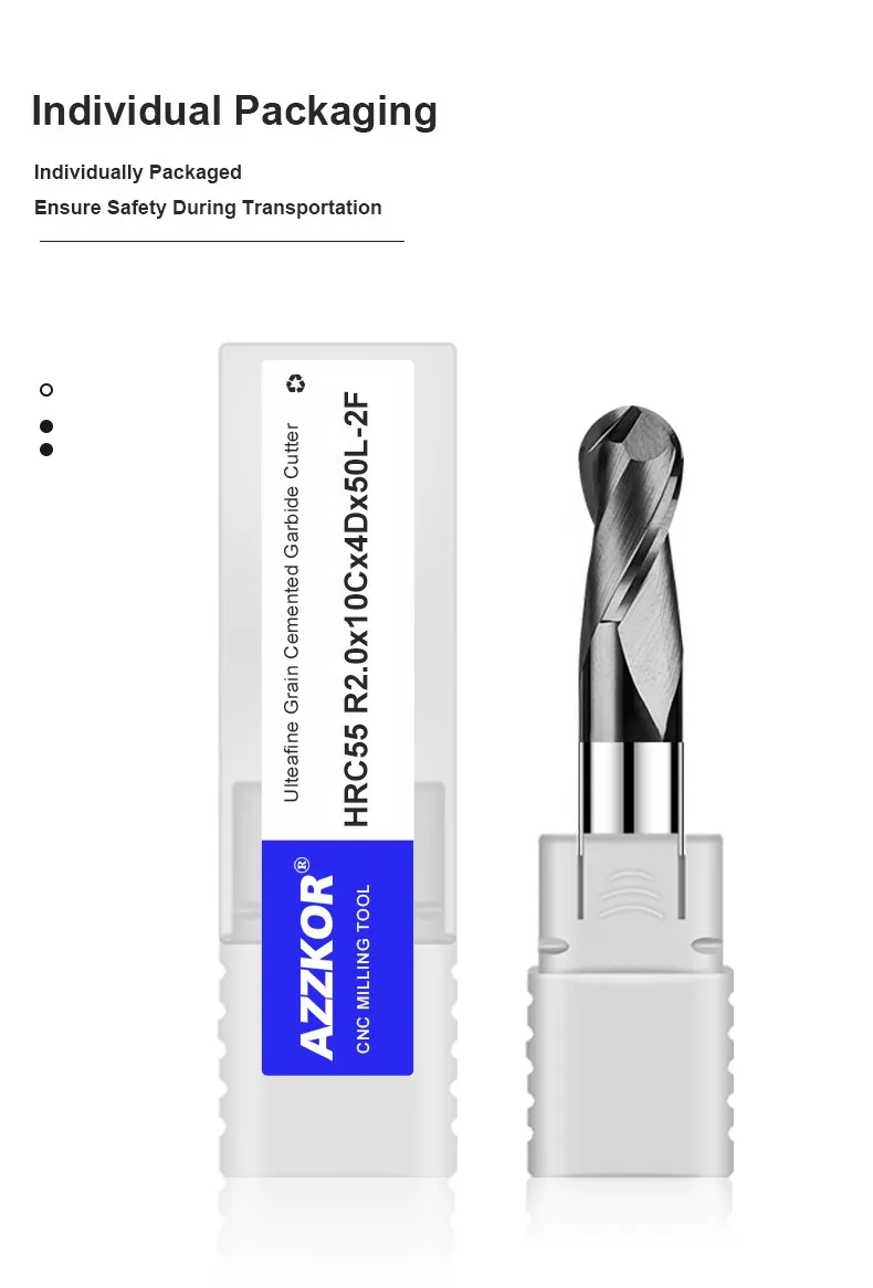 AZZKOR HRC55 2-Schneiden-Fräser aus Wolframstahl mit schwarzer Nano-Beschichtung, Kugelkopffräser für CNC-Maschinen und mechanische Bearbeitung – Detail 5