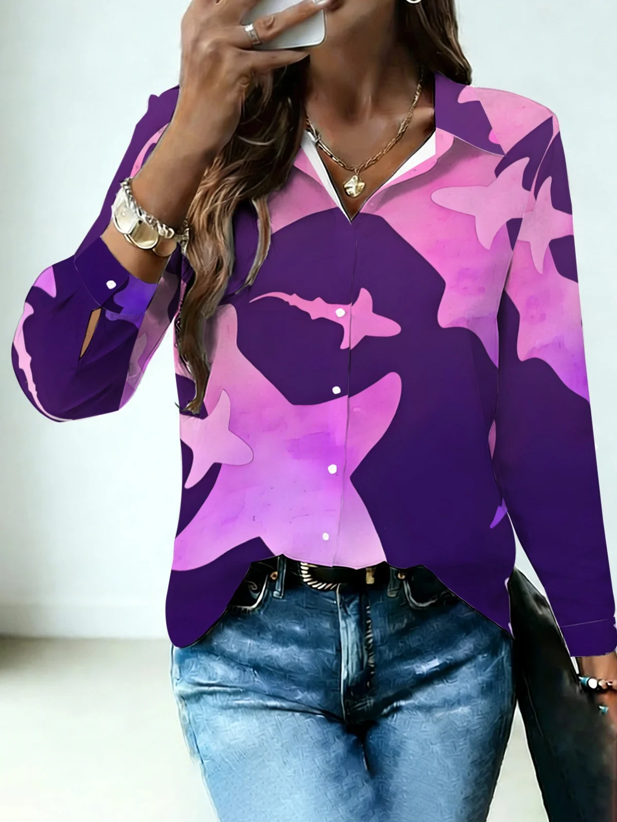 Soft Minimal Halloween Bat Womens Collared Shirt Gradient Purple Solid Base Watercolor Silhouette Flying Bat Allover Print Long