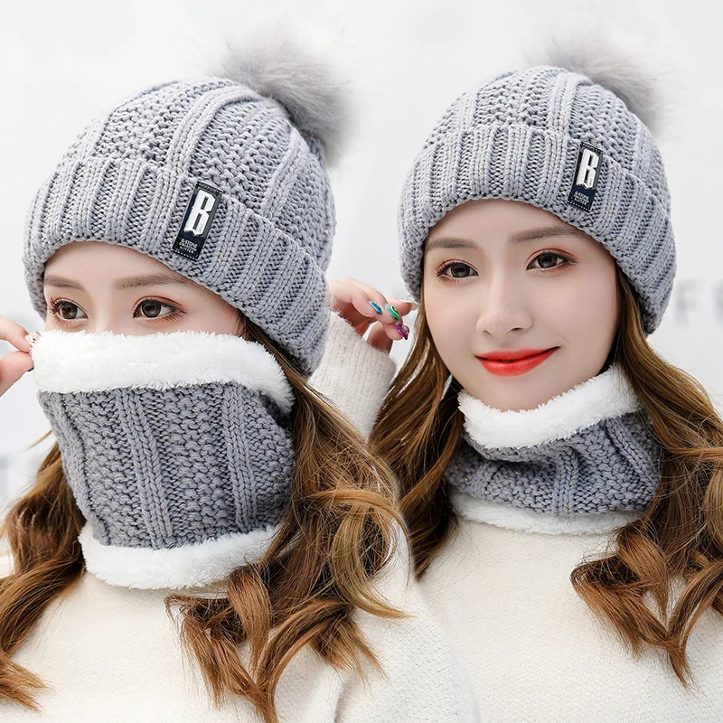 Autumn Winter Knitted Beanies Hats Scarf Set Women Thick Warm Hat Female Knit Letter Bonnet Beanie Caps Outdoor Windproof Riding