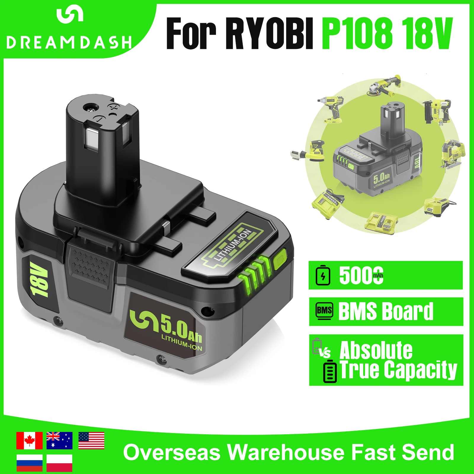 5Ah For RYOBI P108 18V Battery Lithium-Ion Power Tools Ryobi P108 P107 P105 P104 P103 P102 Battery Tool Replacement