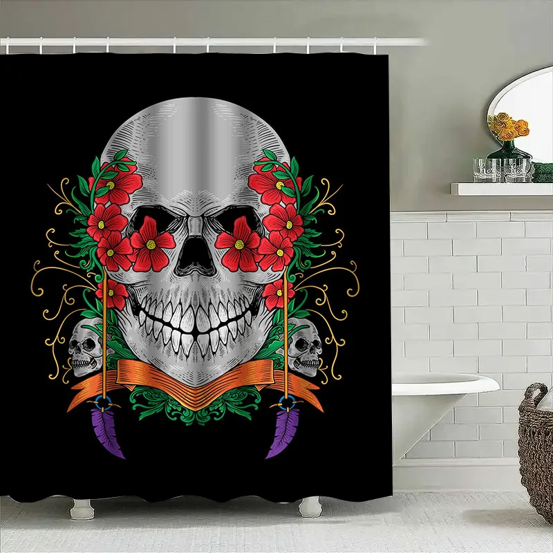 

Занавеска для душа с черепом Туну, готический декор, цветочный череп, занавеска на Хэллоуин, темный художественный душ, уникальный декор