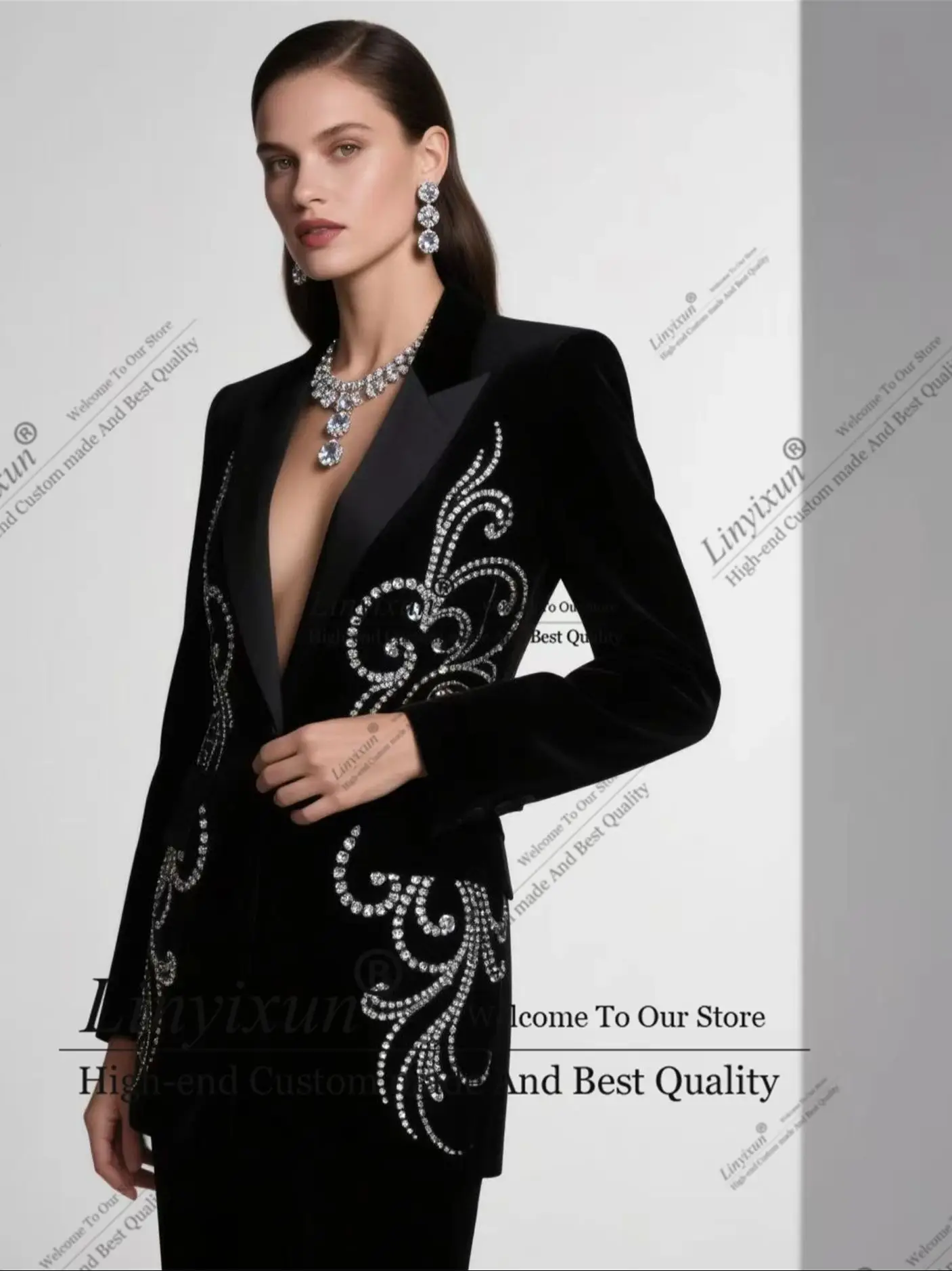 

Luxurious diamond design suit set Customized Velvet Women Pants Suits Banquet Party Tuxedo пиджак женский Slim