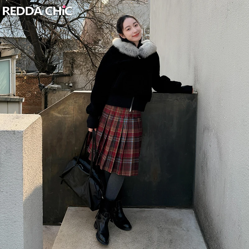 

Юбка ReddaChic в японском стиле, плиссированная, в клетку, винтажная, твидовая, с завышенной талией, А-силуэт, повседневная, до колена, в стиле униформы, для студенток, женская одежда