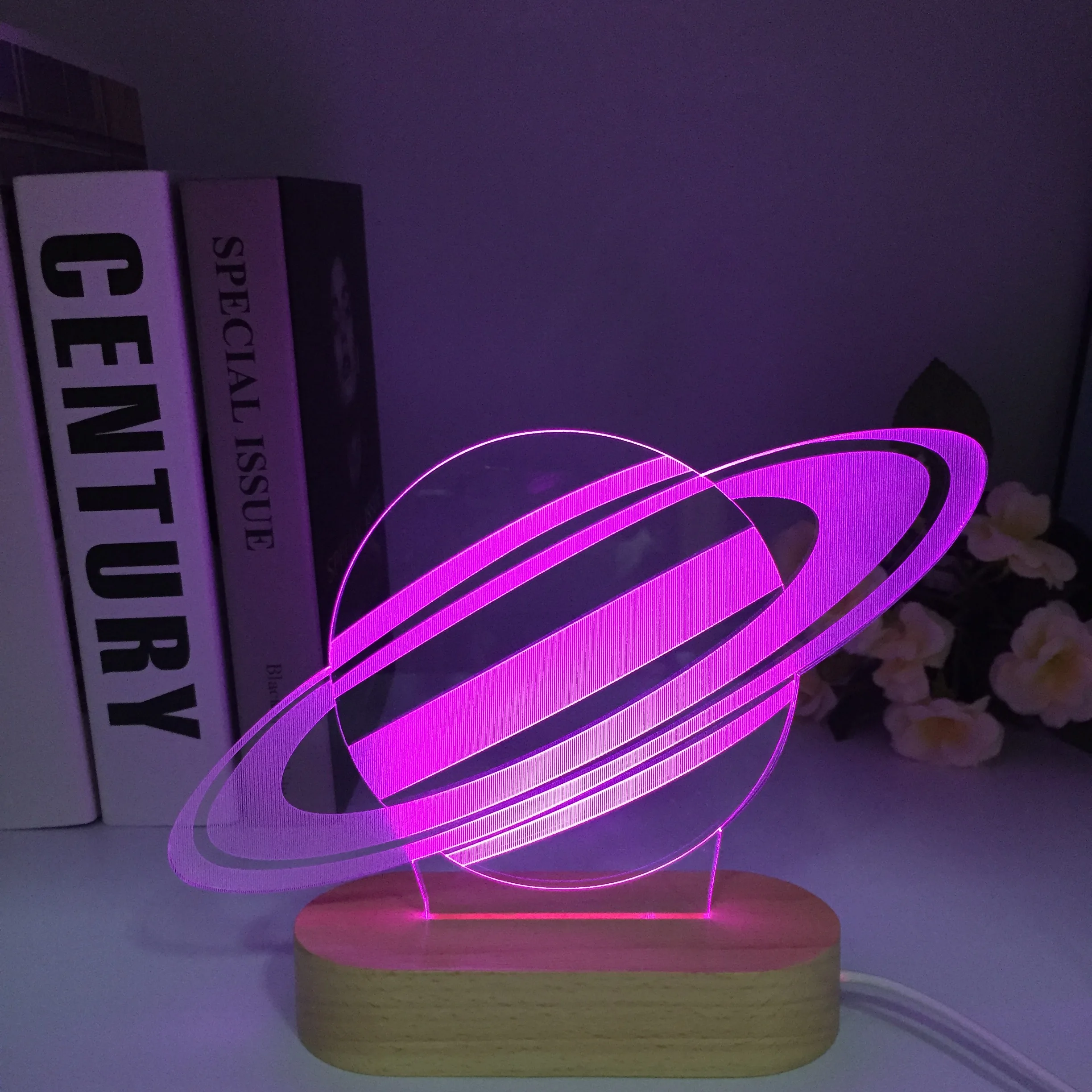 Saturn Universe Night Light Lamp 3D Sky Planet LED Lamp 7 Colorful Table Lamp For Kids Party Gift Wooden Remote Lamp