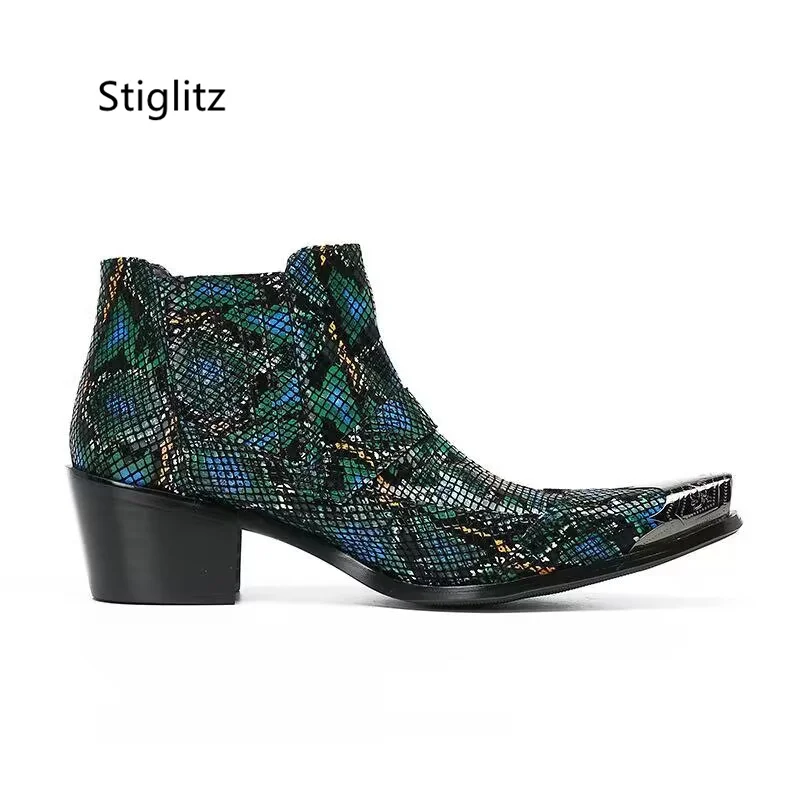 Belt Buckle Print Graffiti Ankle Boots Mixed Colors Slip On Men\'s Genuine Leather Chelsea Boots Metal Decor Man High Heels Shoes