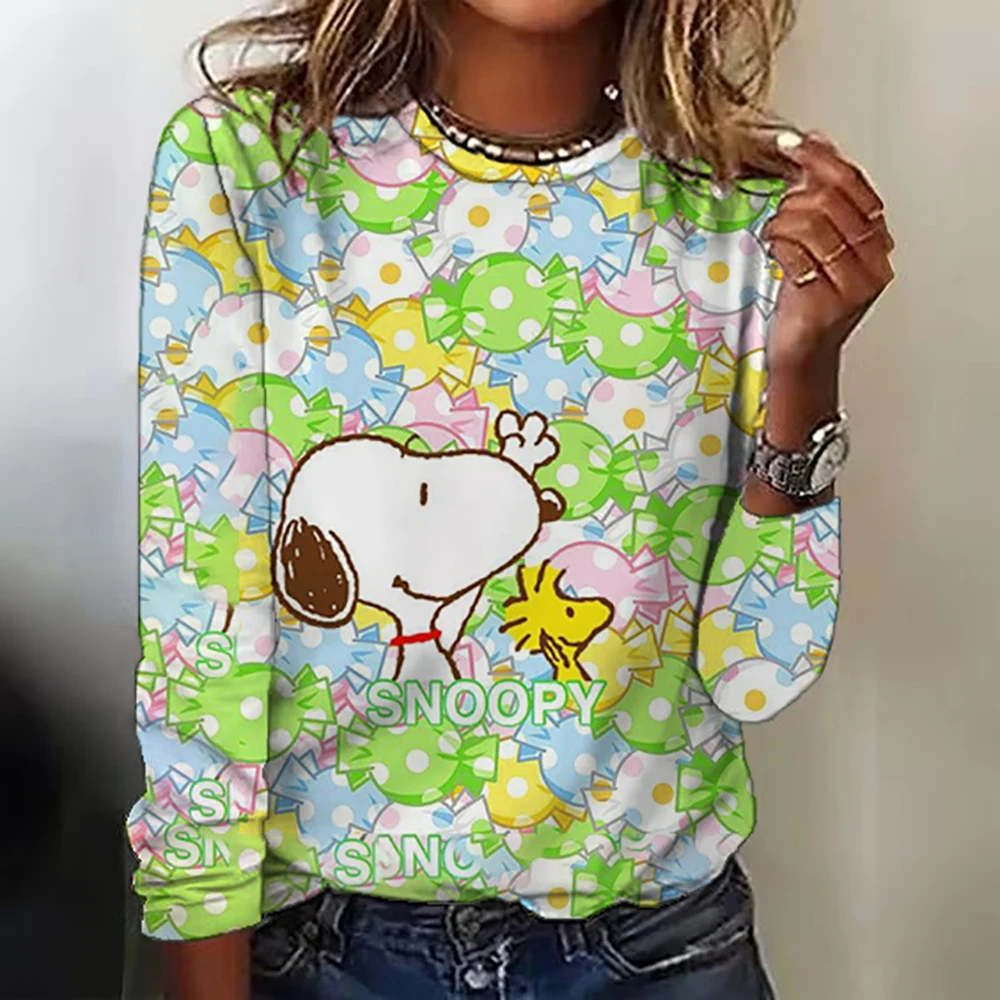 سنوبي مطبوعة خمر المرأة تي شيرت الخريف قميص قطني بكم طويل تي شيرت بلايز مصمم عادية فضفاض س الرقبة النساء الملابس