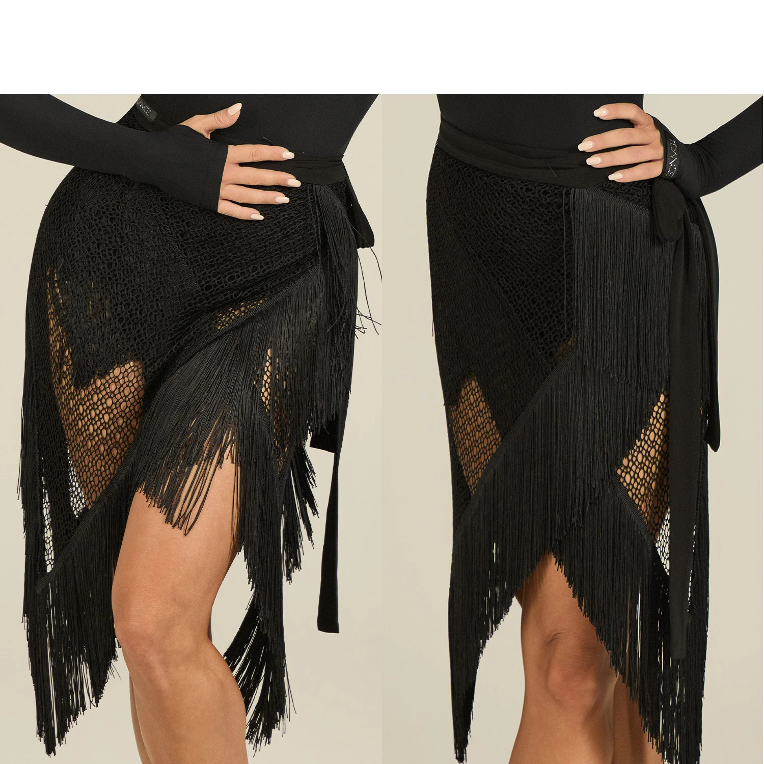 Nowe seksowne stroje do tańca latynoamerykańskiego z odkrytymi ramionami, siateczkowe topy, spódnica z frędzlami, damska sukienka do rumby, tanga, na występy i konkursy taneczne DNV25952