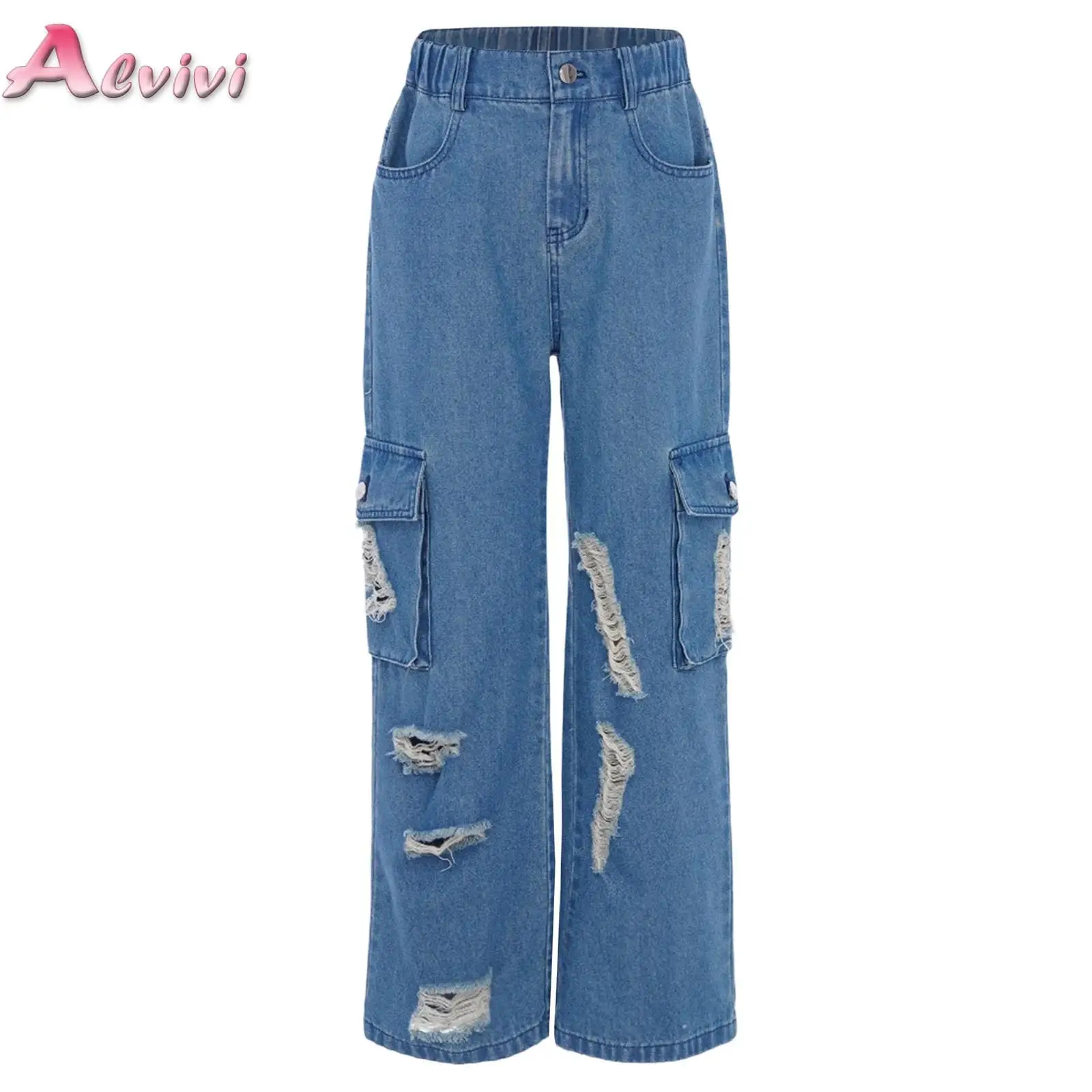 

Teenage Girls Ripped Wide Leg Cargo Jeans Summer Fashion Kids Casual Denim Pants School Young Children Straight Baggy Trousers