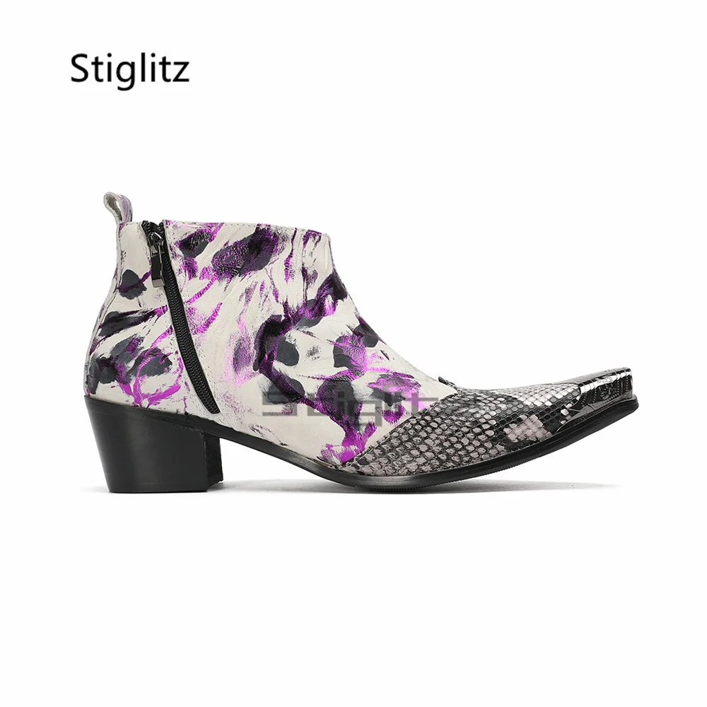 Purple Prints Men's Boots High Heels Chelsea Boots Metal Pointed Toe Genuine Leather Side Zip Ankle Boots Fashion Business Shoes