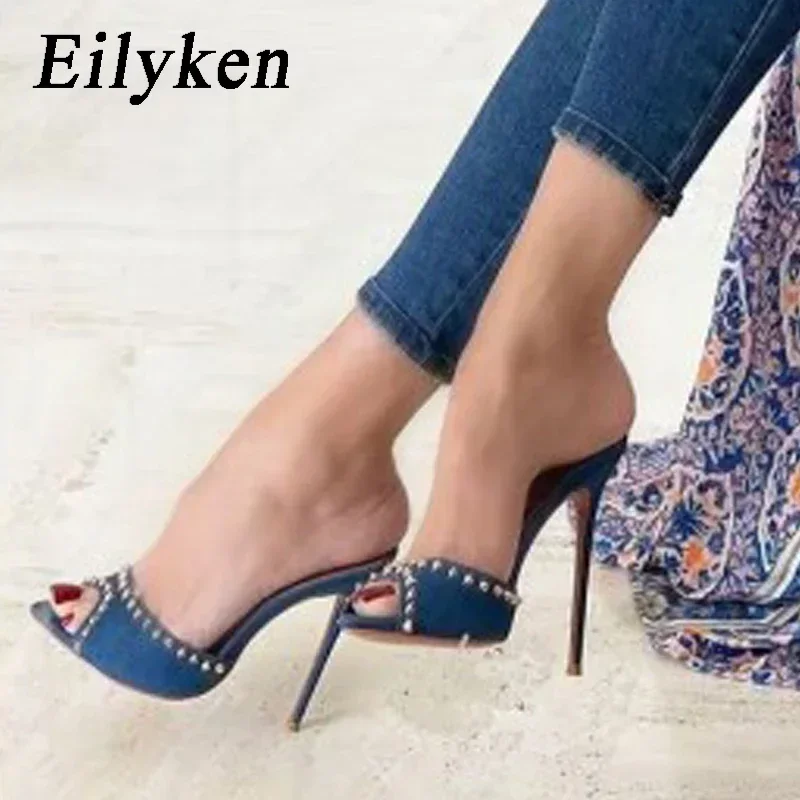 Eilyken New Denim Design Rivet Slippers Women Pointed Toe Slide Shoes Fashion Party Prom Stiletto Thin Heels Sandals