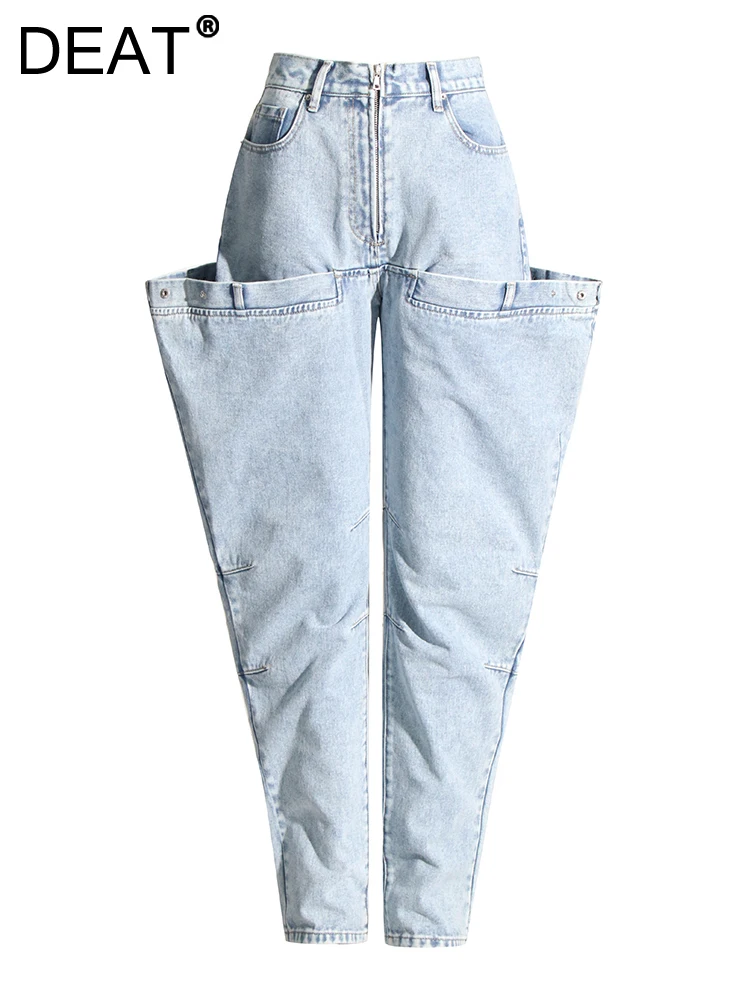 Deat Dames Jeans Hoge Taille Effen Kleur Deconstructie Rechte Wijde Pijpen Patchwork Vrouwelijke Denim Broek 2024 Herfst Nieuwe Mode