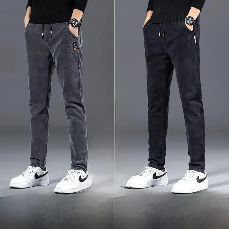 

Мужские износостойкие джинсы прямого кроя из утепленного хлопка, повседневные теплые зимние брюки, молодежный стиль, цветные