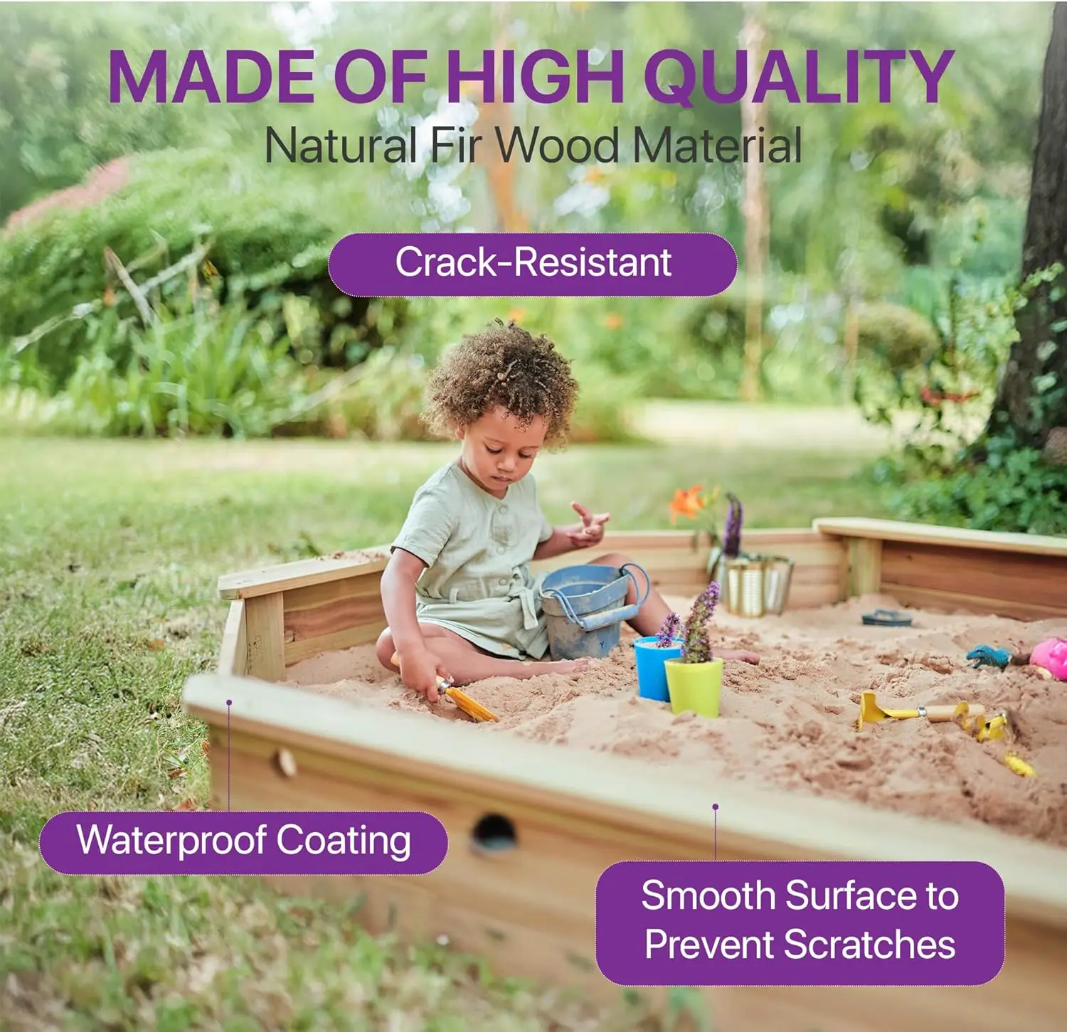 Caja de arena grande de madera con cubierta, caja de arena octagonal para exteriores para niños, juguetes sensoriales para niños pequeños, pozo de arena de madera para exteriores con asiento Boa