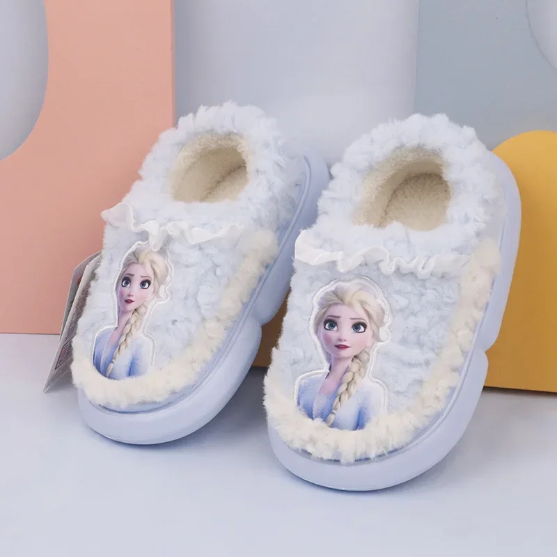 Disney Winter Girls Antiskid Cotton Shoes Children\'s Cute Cartoon Home Indoor Plush Slippers Warm Furry Kids Slipper Footwear