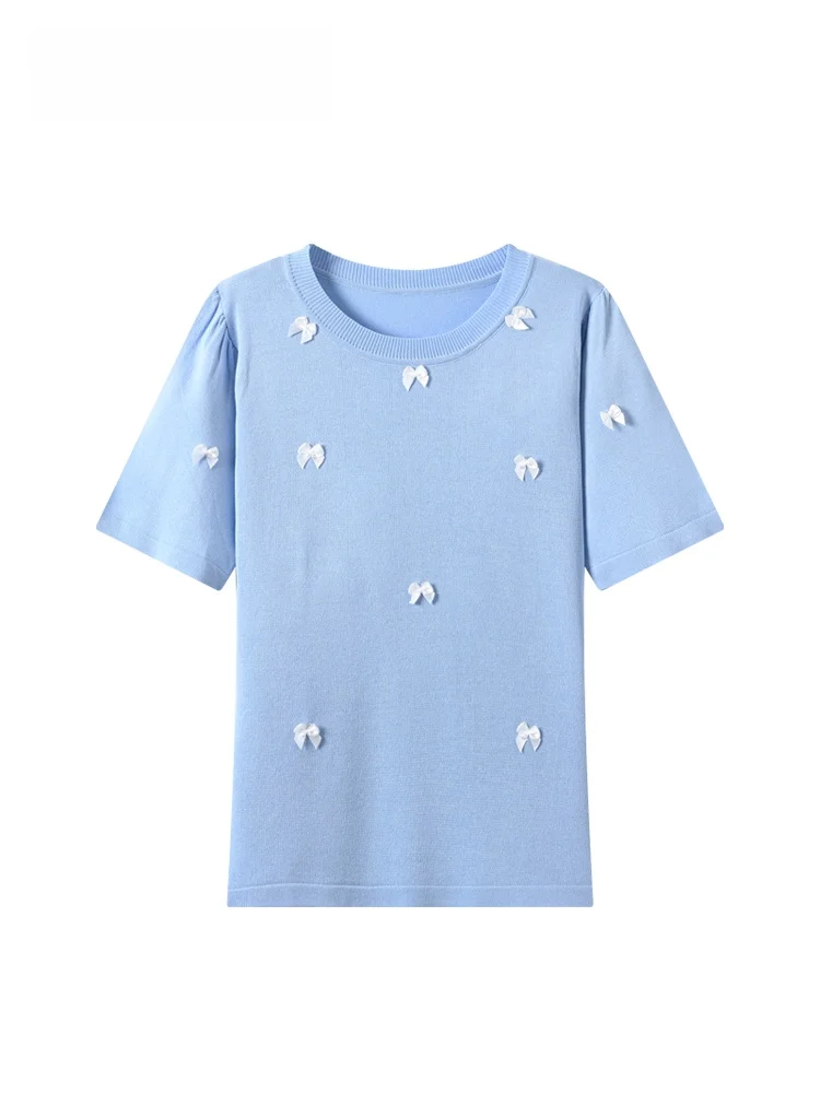 

plus Size Women's T-Shirt Summer New Style Knot Short Sleeve Regular Shoulder Fashion Casual Ice Silk Blend Polyester