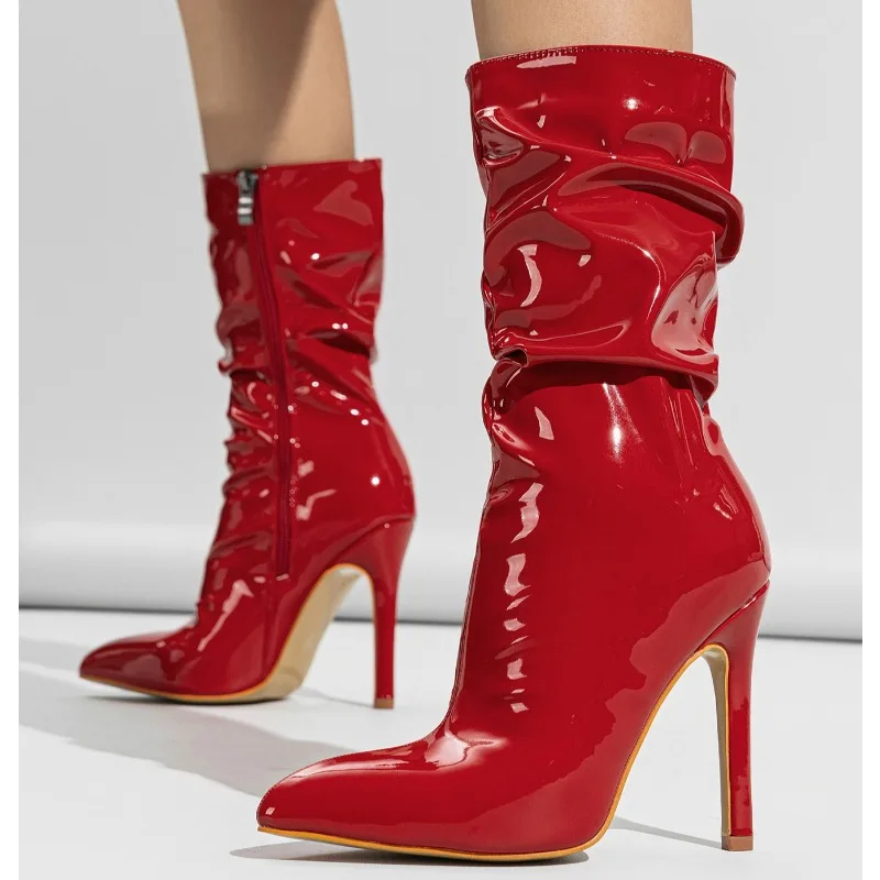 

Sexy Patent Leather Thin High Heels Women Ankle Boots Designer Pleated Zipper Short Booties Banquet Prom Shoes