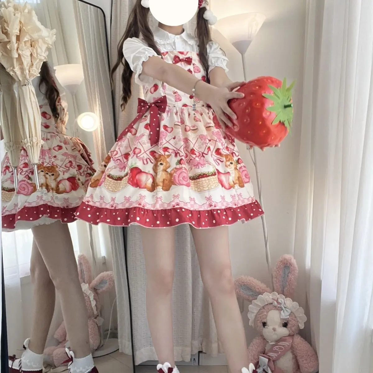 Vestido Lolita Jsk, vestido dulce y bonito con tirantes, estampado de dibujos animados de fresa, vestidos sin mangas con tirantes para niñas, bonito vestido Y2k con volantes de encaje