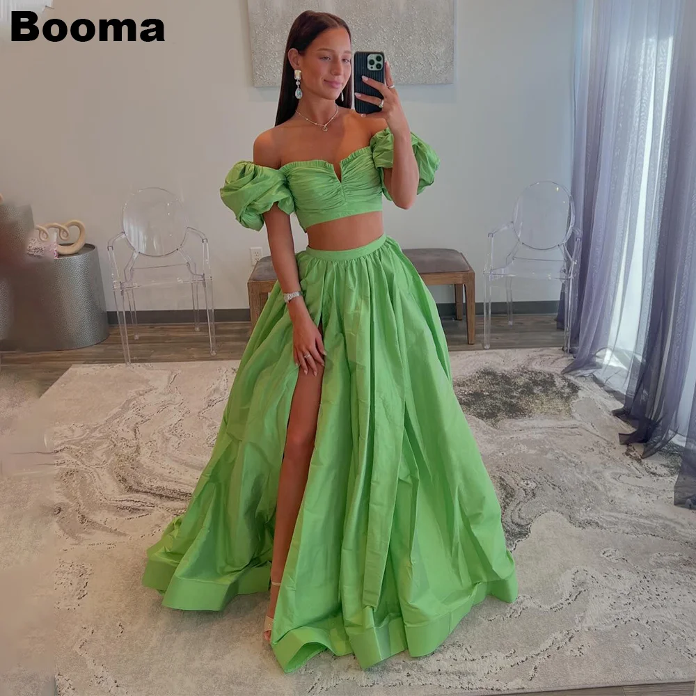 Booma Green taffetà Prom Dresses 2 pezzi maniche corte a sbuffo abito da festa di laurea abiti da compleanno con spacco laterale alto per le donne