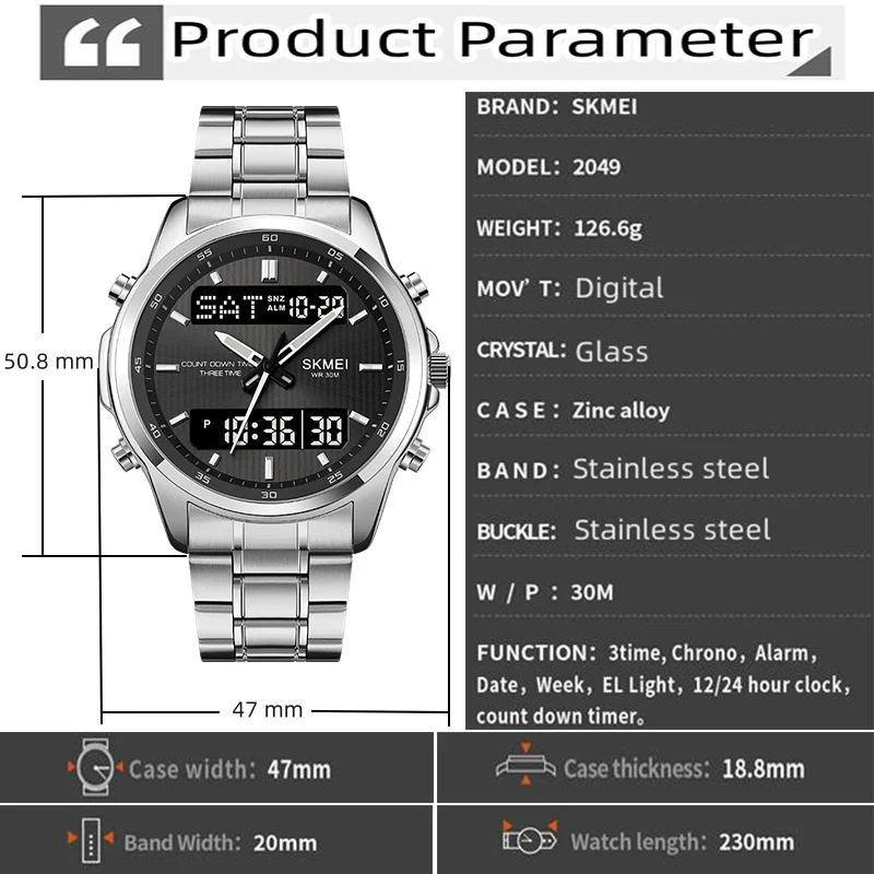 Skmei Mens Quartz Analog Bracelet Watches Luxury Stainless Steel Strap Led Waterproof Digital Sports Three Time Zone Alarm Clock