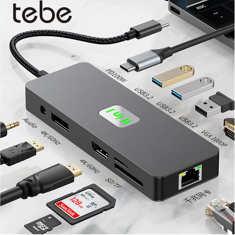 Tebe 11 in 1 MST USB-C Hub Type-c to HDMI-adapter DP VGA Gigabit Ethernet 10Gbps USB 3.2 3.5mm Aux Docking Station Hub Splitter