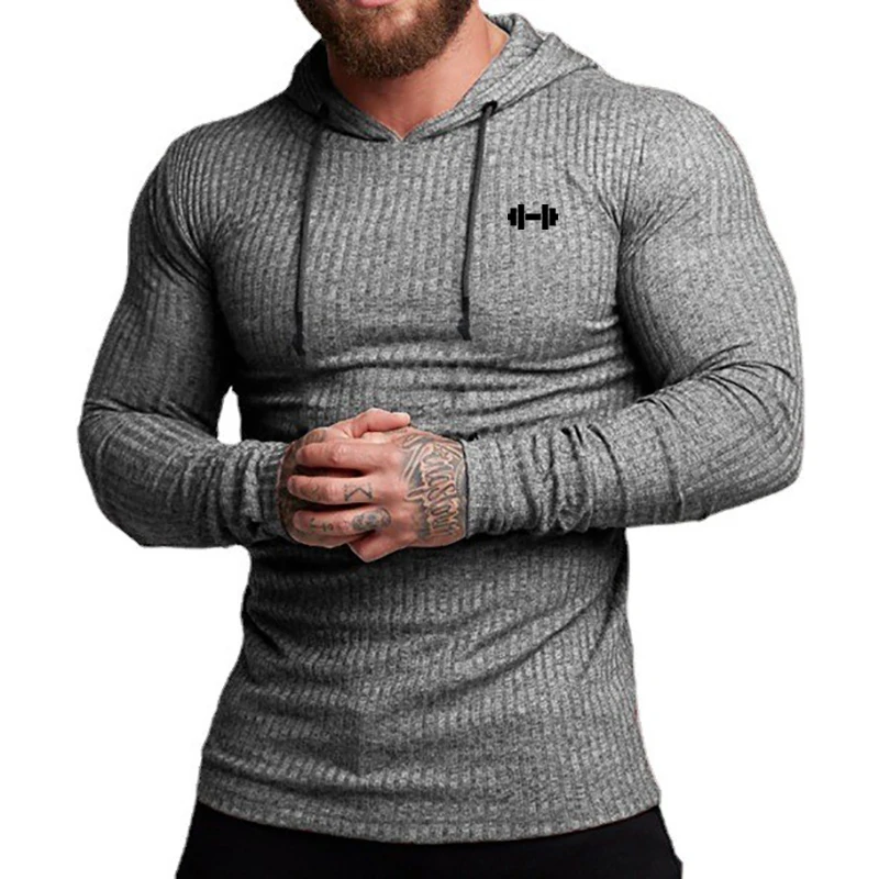 Men\'s Casual Long Sleeve Slim Fit Shirt Gym Sport Fitness Quick Dry Hooded T-Shirt Fashion Knitted Stripes Bodybuilding Clothing