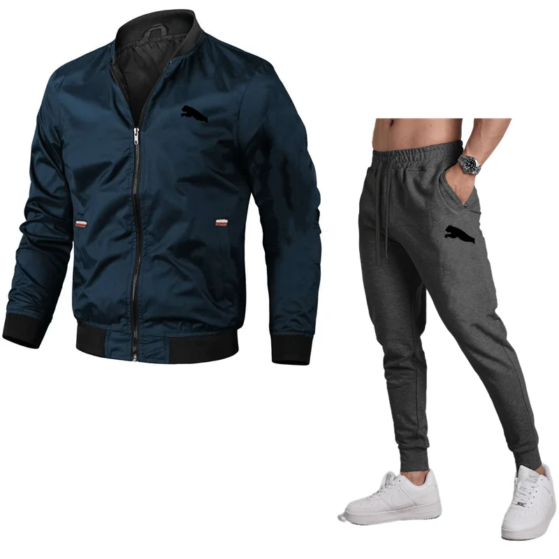 Men\'s casual jacket Spring and Autumn new style solid color comfortable zipper style fashionable windproof jacket+pants