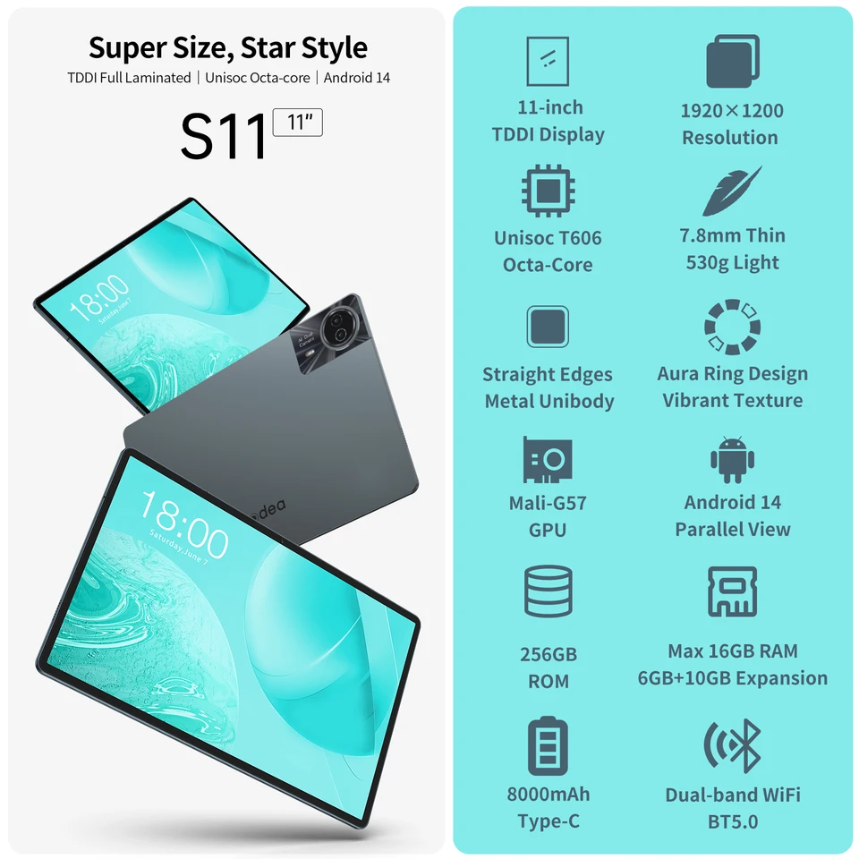 Odea S11 Tablet Android 14 Max 16GB RAM 256GB ROM T606 8-core 11