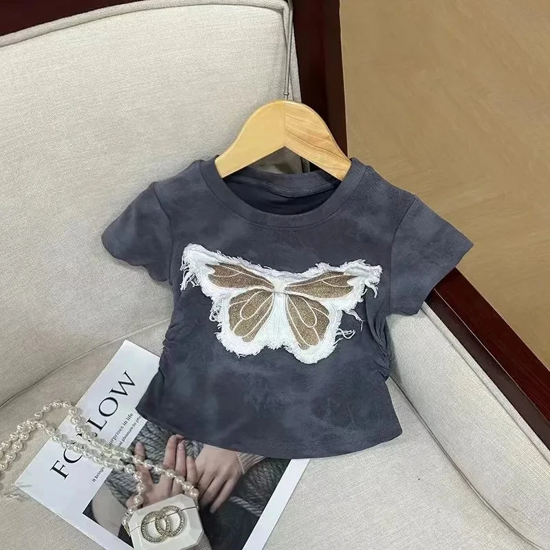 Girls Tie-Dye Short Sleeve T-Shirt Summer Butterfly Denim Patch Round Neck Tee Fashionable Trendy Girl Short Tops