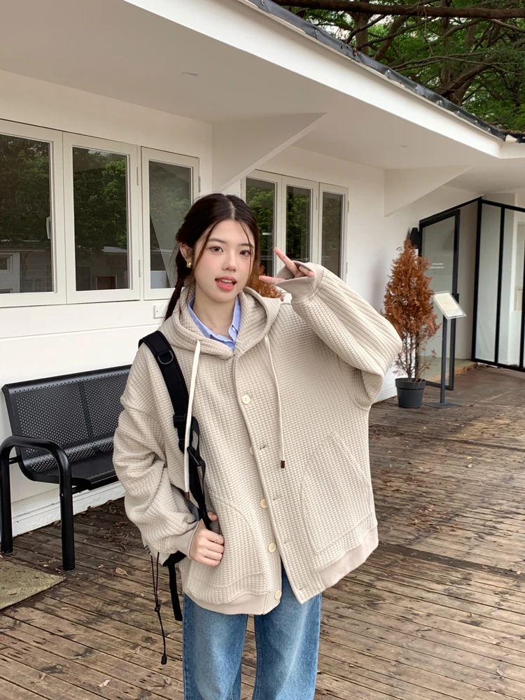 2 Colors Korean Jacket Women Autumn Hoodies Long Sleeve Button Down Waffle Knit Shacket Loose Fit Coat with Pockets (X3102