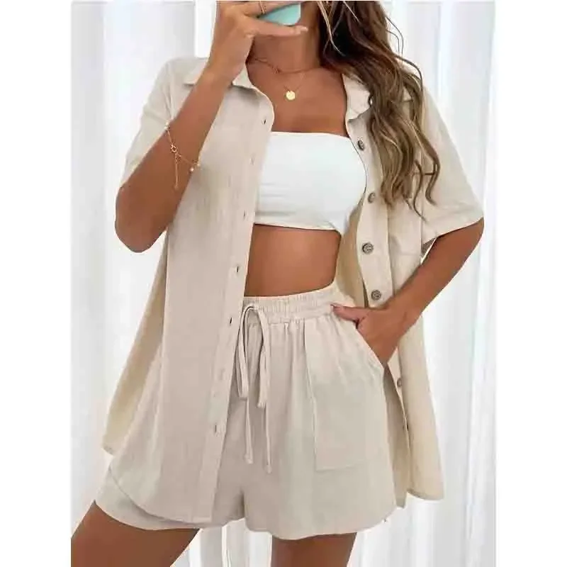 New Casual Fashion Button Pockets Short Sets Women\'s Suit Elegant Long Sleeves 2 Pieces Set Simple Female Outfit Clothes SP2251