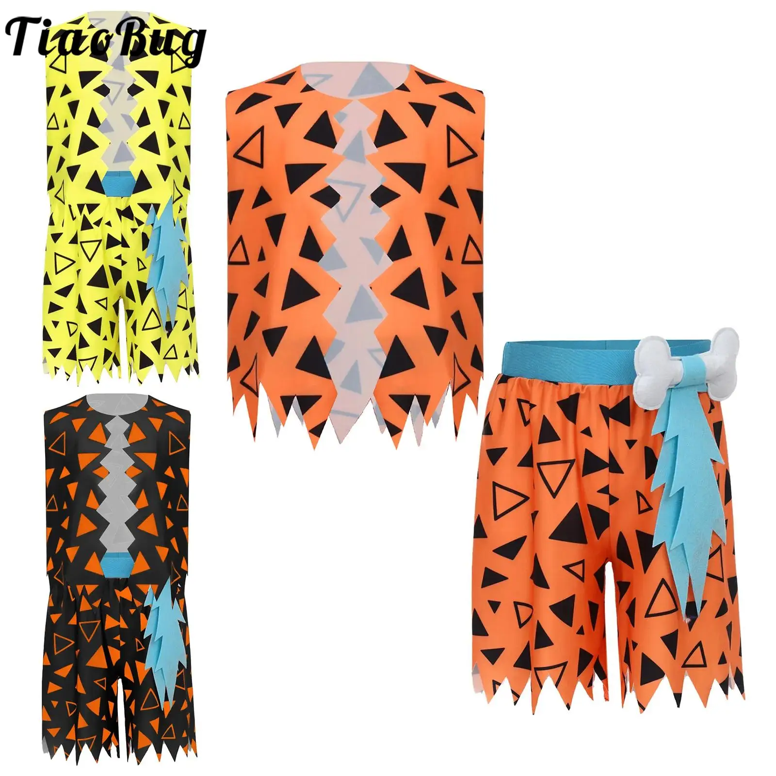 

Halloween Boys Caveman Costume Primitive Tribe Stone Age Theme Party Cosplay Dress Up Triangle Patterns Vest 3D Bone Shorts