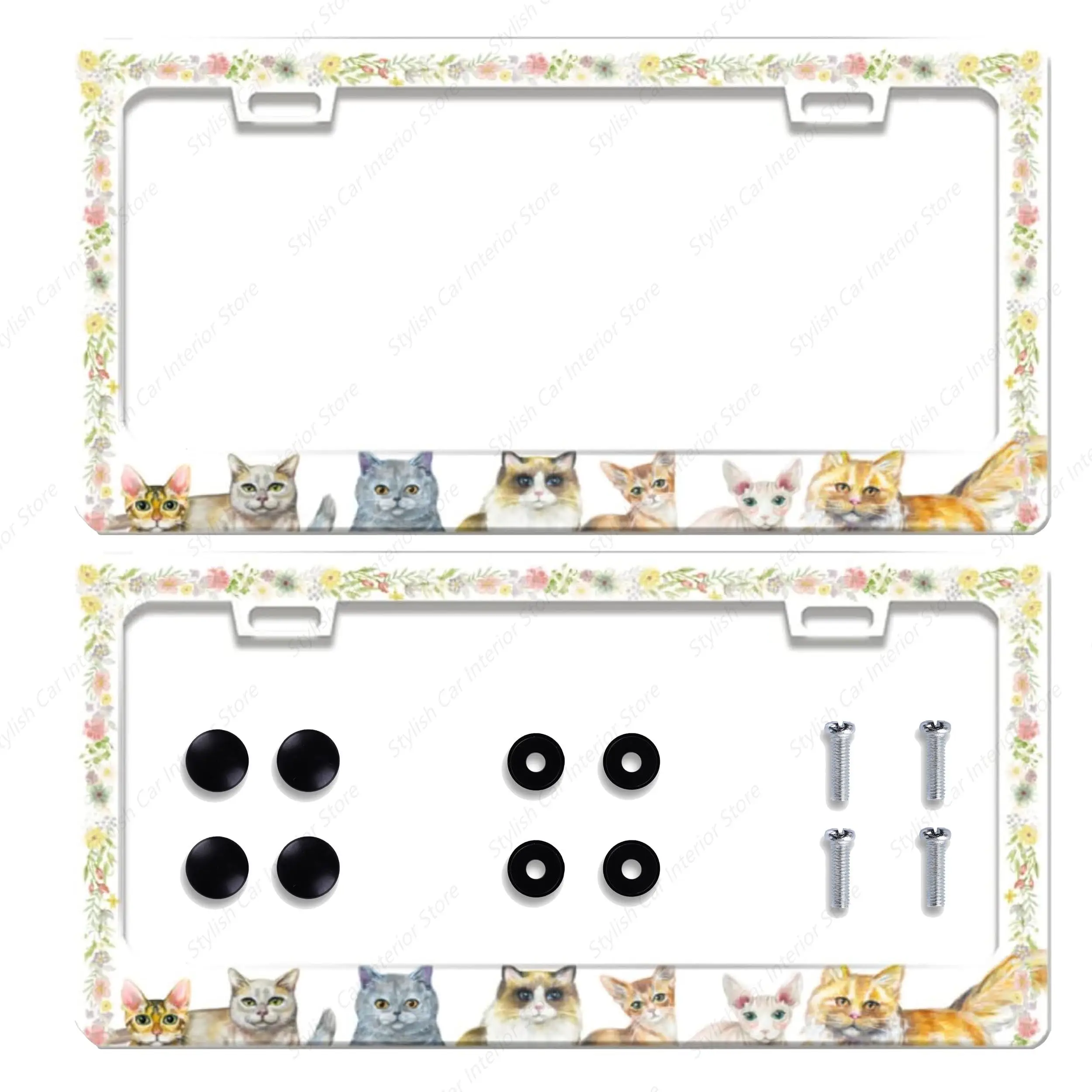 

Personalized 2 Pack License Plate Frame Stainless Steel Cute Cat Flower Car License Plate Accessory Decorative 2 Holes and Screw