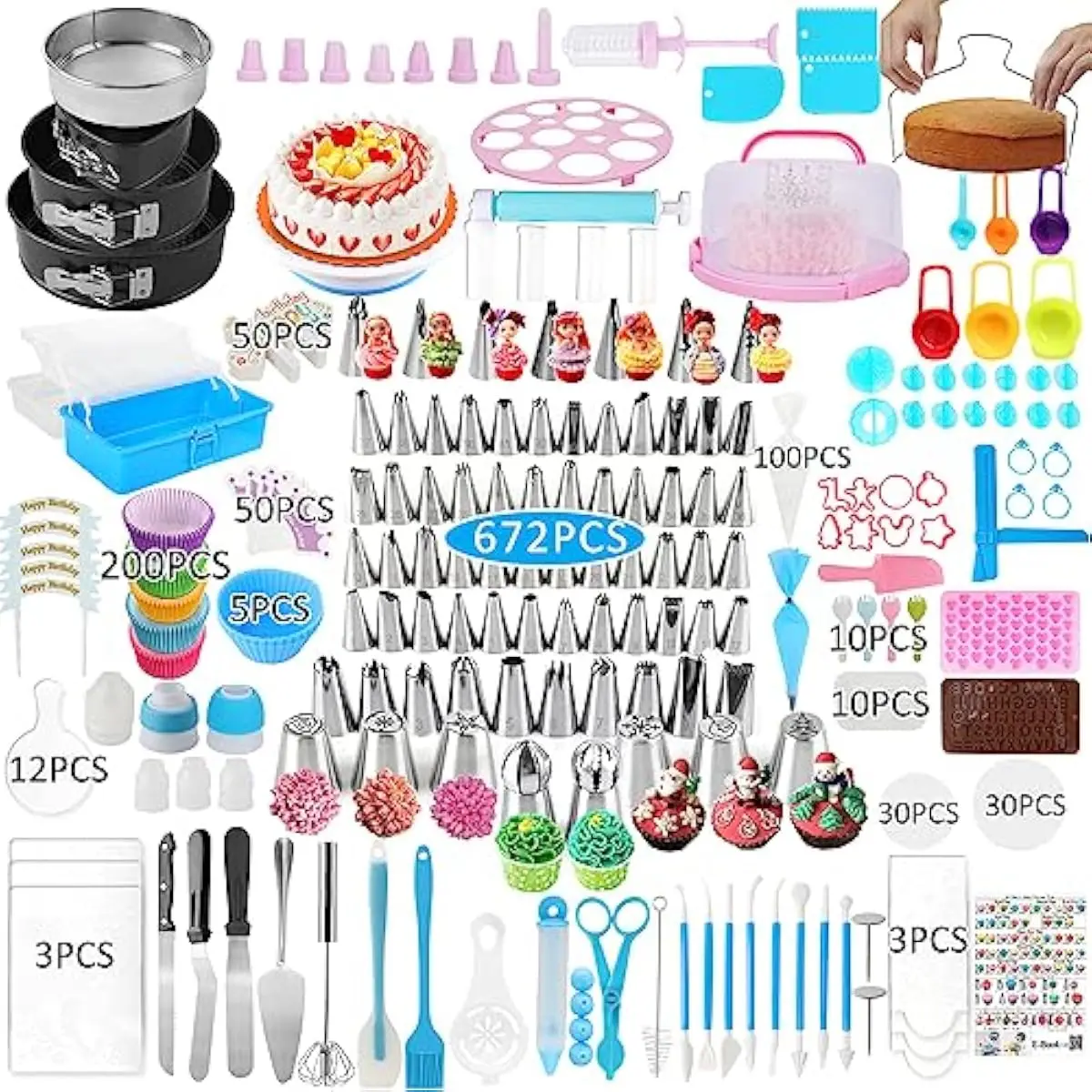 Cake Decorating Kit 672 Piece Baking Supply Set Featuring 3-Tier Organizer Rotating Turntable Springform Pans 4.5 7 9 Inch Nonst