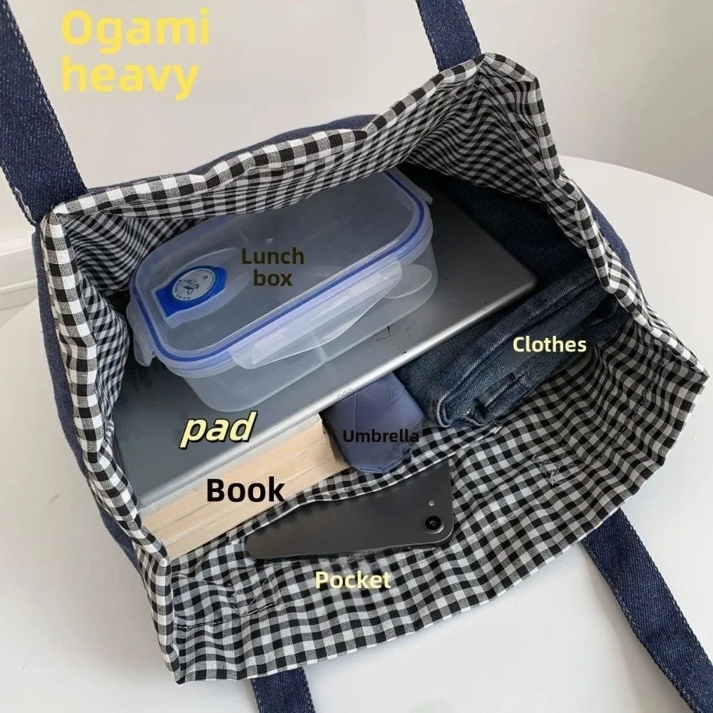 Fashion Cloth Denim Handbag Grid Large Capacity Shoulder Bag Korean Style Blue Canvas Tote Bag Travel