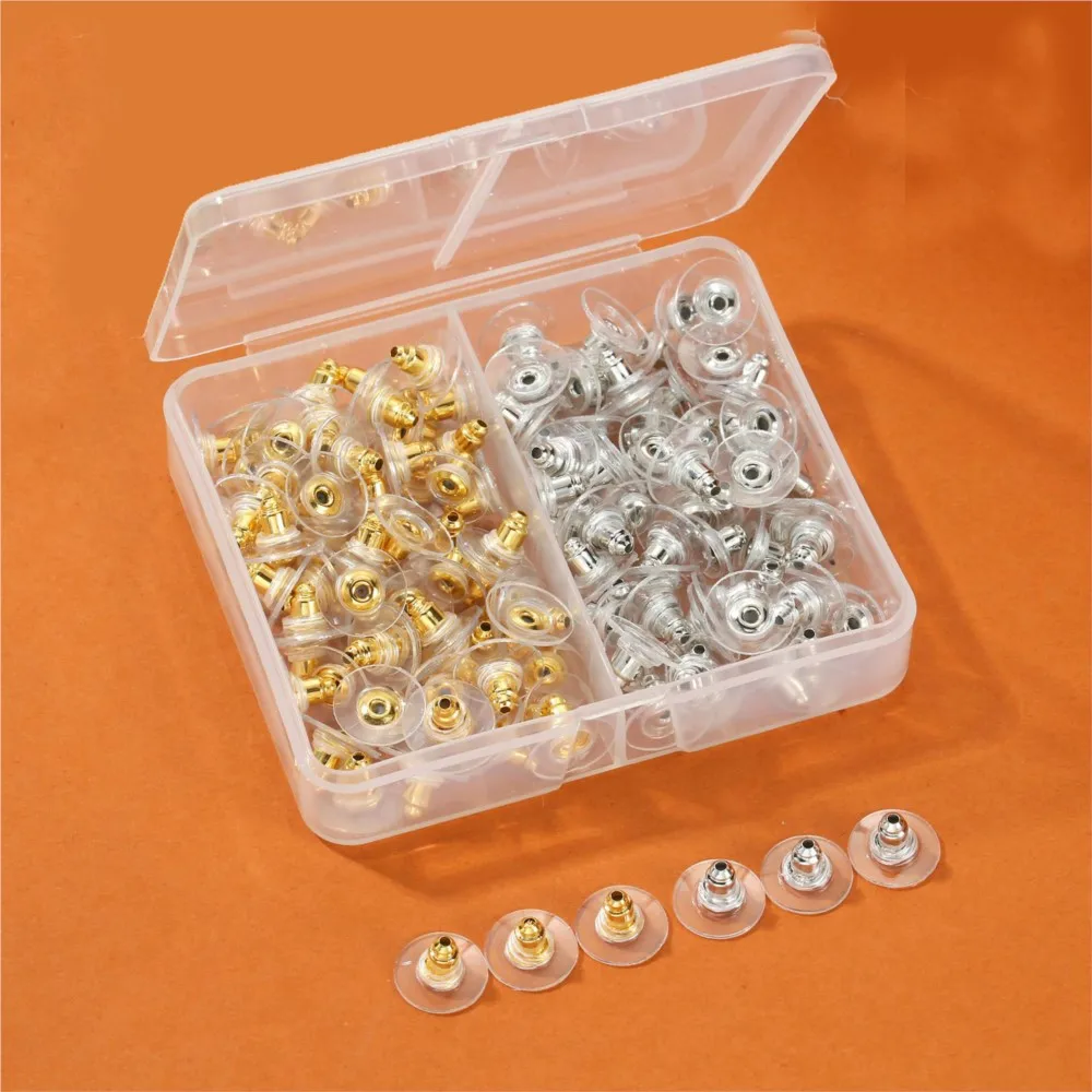 120 unids/caja de pendientes de goma de silicona dorados y plateados, tapones traseros, suministros traseros para pendientes DIY, accesorios de joyería