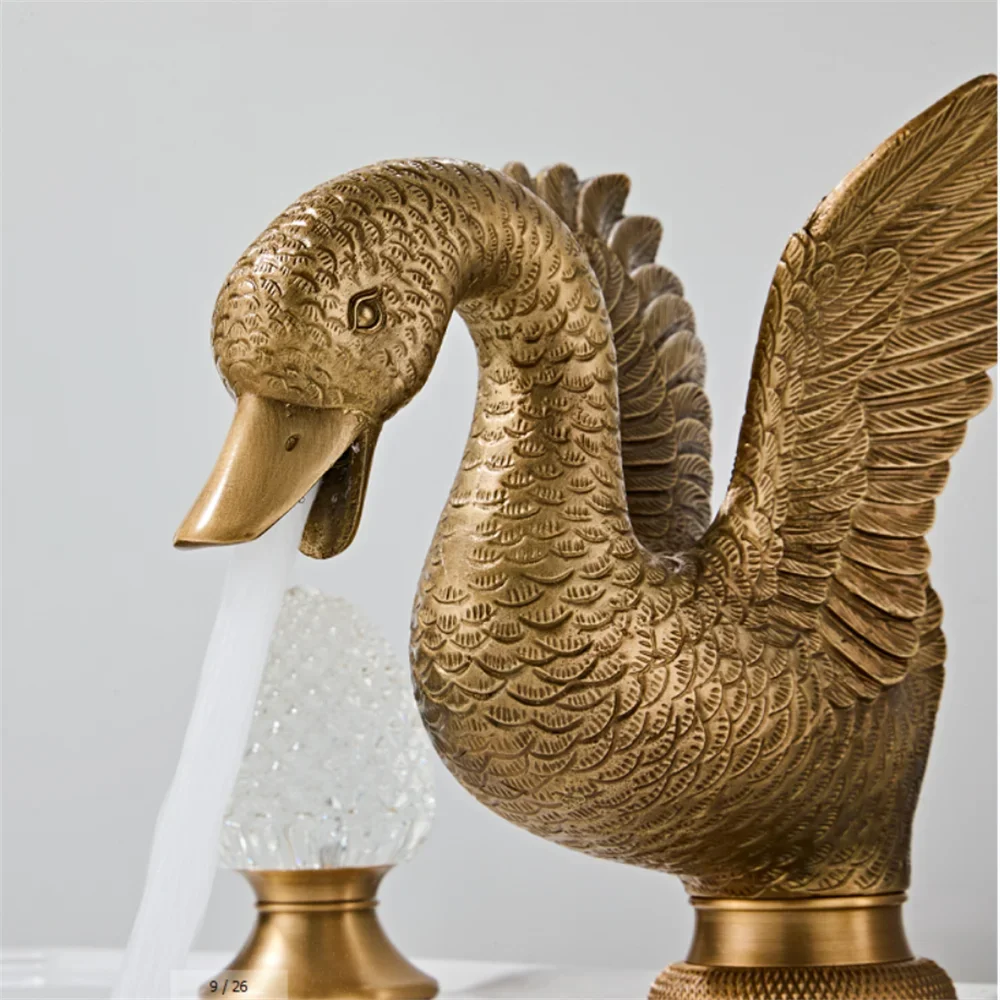 Tuqiu Antique Swan Bathroom Faucet Widespread Sink Tap Brass Basin Faucet Sink Faucet 3 Hole Crystal Handle Hot & Cold Water Tap