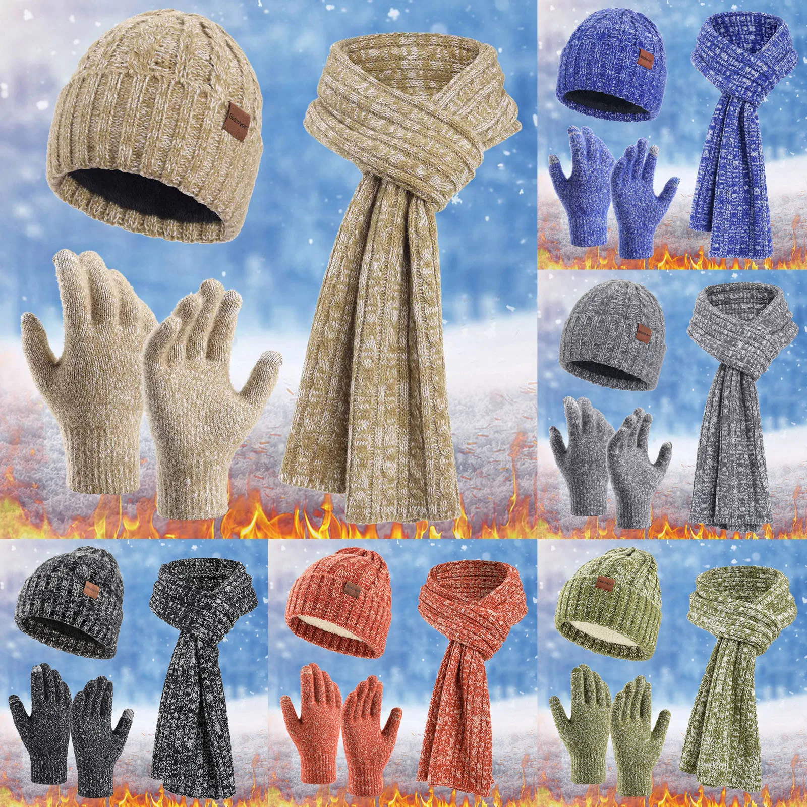 Womens Mens Winter Warm Hats Long Neck Scarf Touchscreen Gloves Set With Fleece Knit Caps Scarf Gloves Hat Set Gloves Scarf