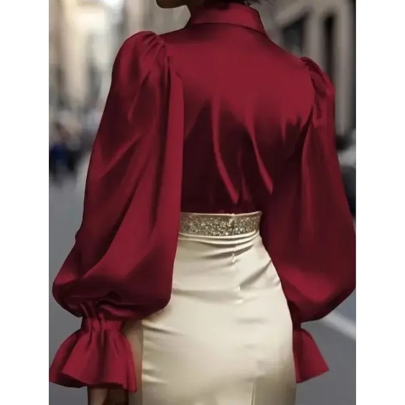 Mulheres novo estilo viajando sólido puff manga longa lapela camisa de cetim roupas femininas primavera outono moda weedding blusas