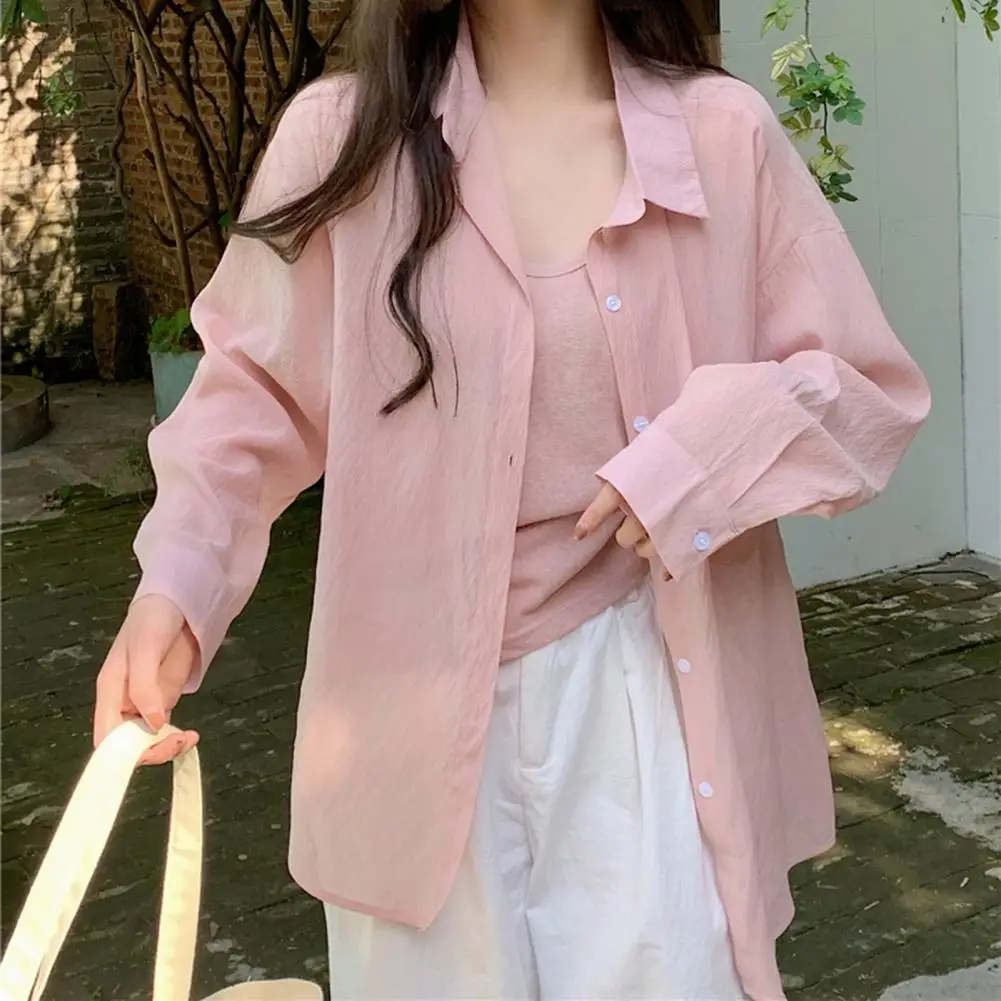 Commuting Shirt Loose Fit Mid-length Women's Summer Shirt Lapel Long Sleeve Single Breasted Solid Color Tops for Thin Sun