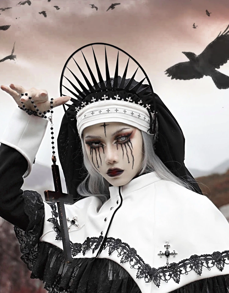 Blood Supply Nun Gothic Holloween Hair Scarf Cross Lace Patch Party Match Hair Band Headwear Bandanas