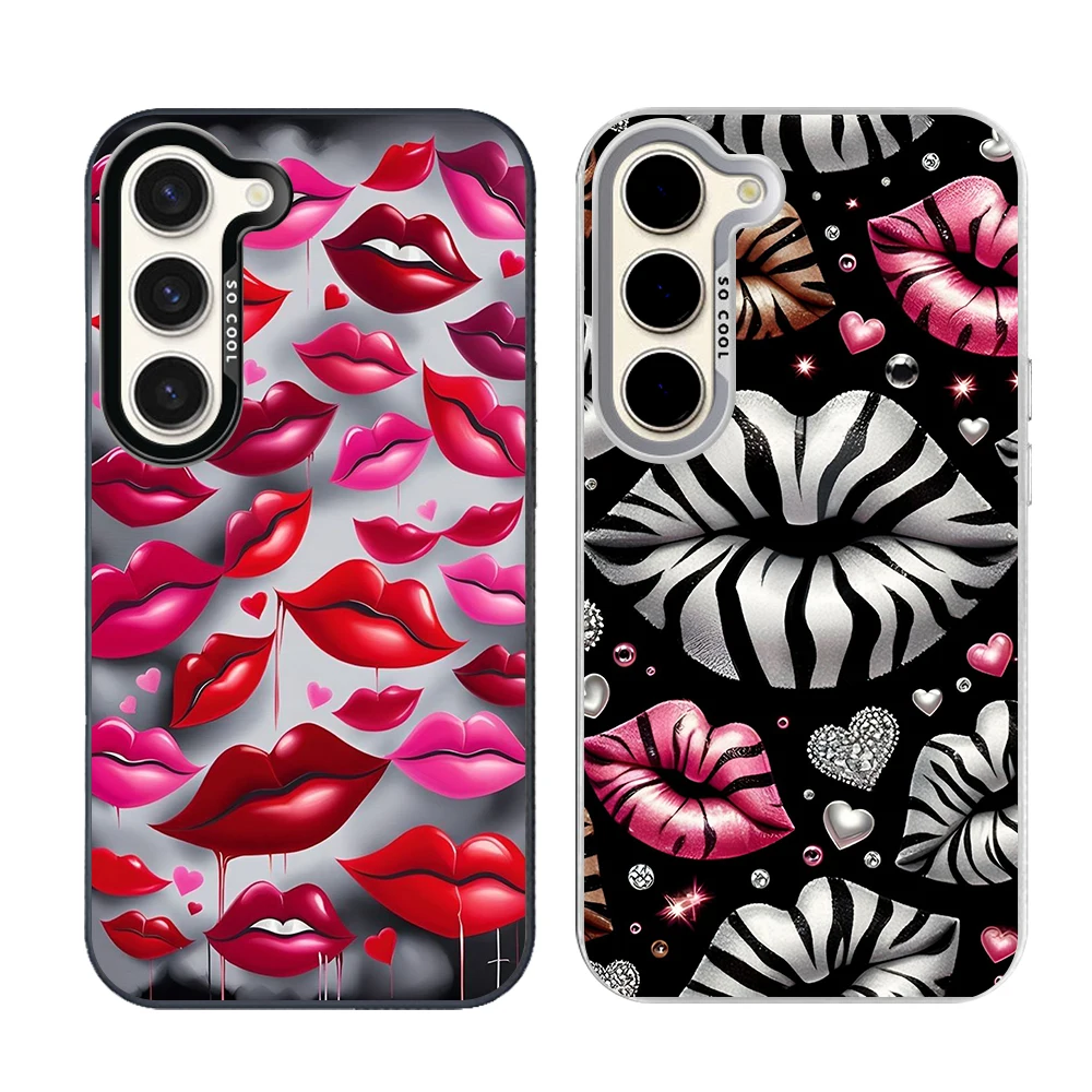 Phone Case for Samsung Galaxy S26 S25 S24 S23 S22 S21 S20 FE Ultra Plus Shockproof Grey Silvery Phone Cover Lips Kiss Present