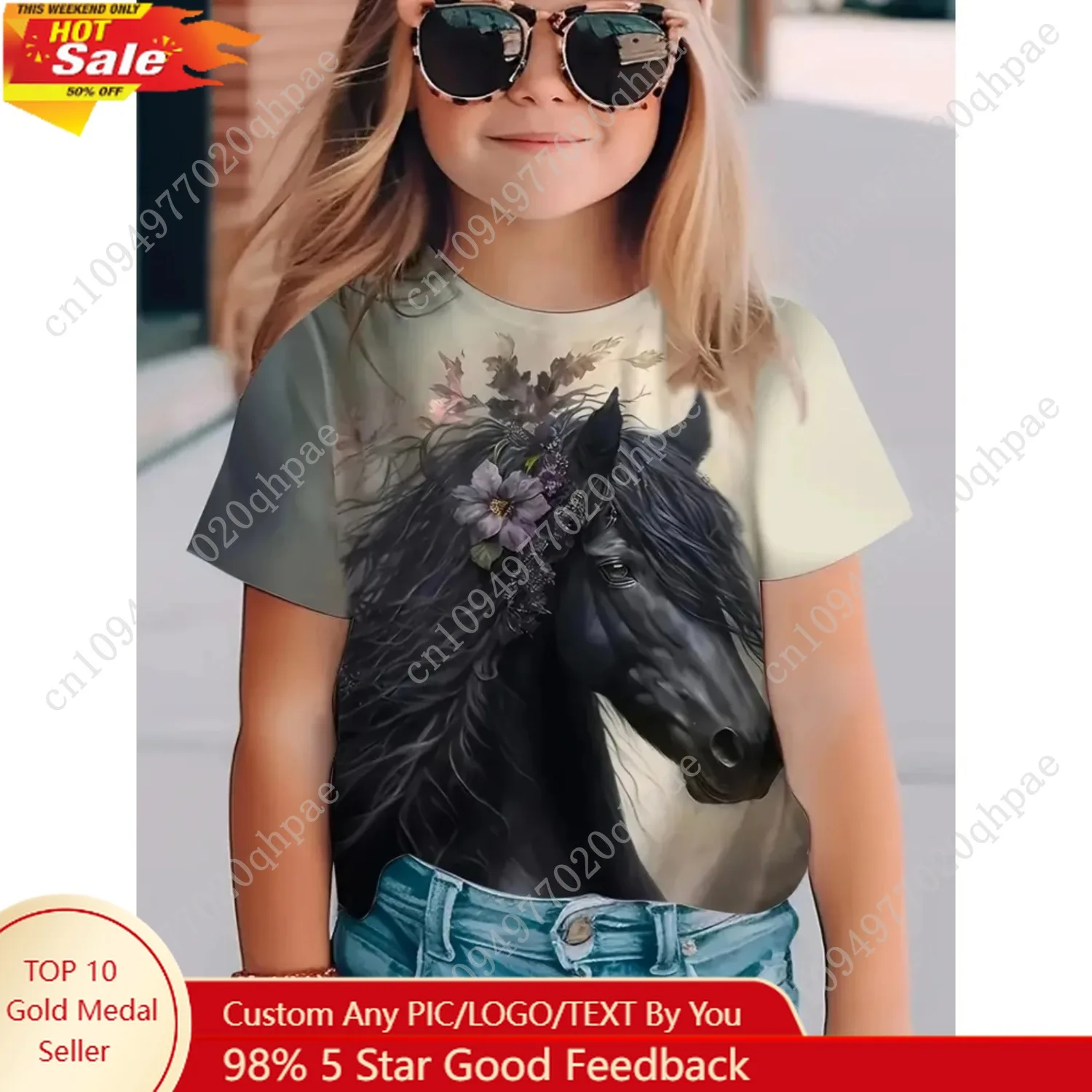 ملابس الأطفال فتاة لطيف ومضحك الحيوان الحصان 3D طباعة الجرافيك تي شيرت نمط مريح طاقم الرقبة تي شيرت كامل للفتيات #1