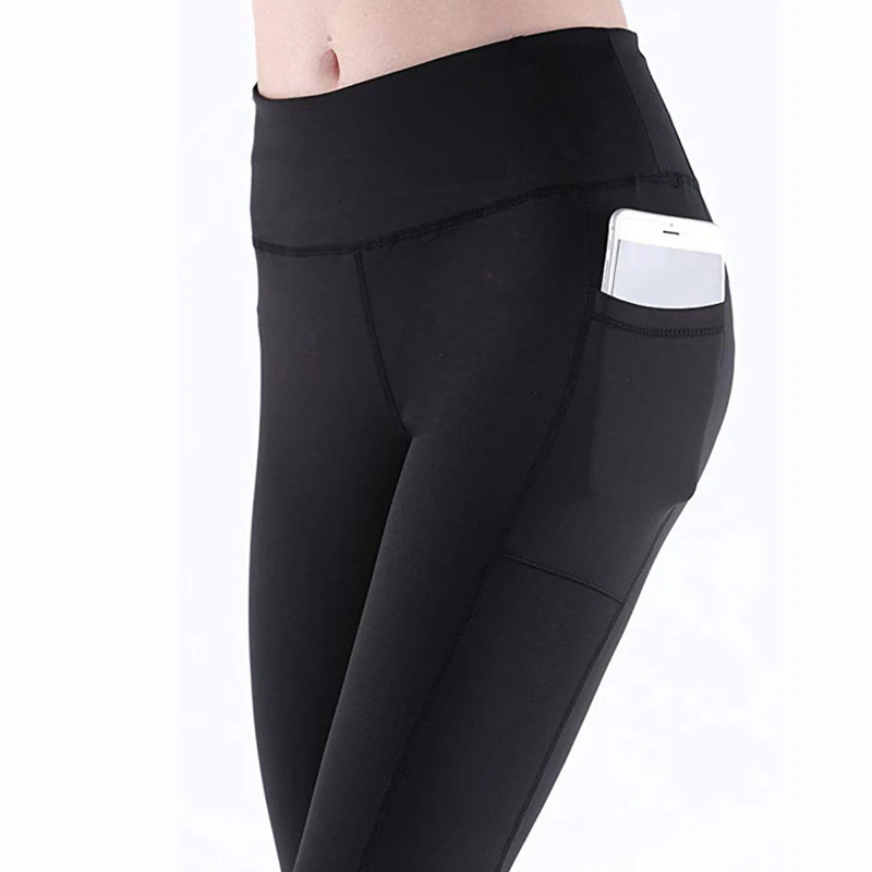 Slim Fitสูงเอวกีฬากางเกงกระเป๋าTummyควบคุมCapris Leggingsออกกำลังกาย 4 Way Stretch Leggingsกีฬากางเกง