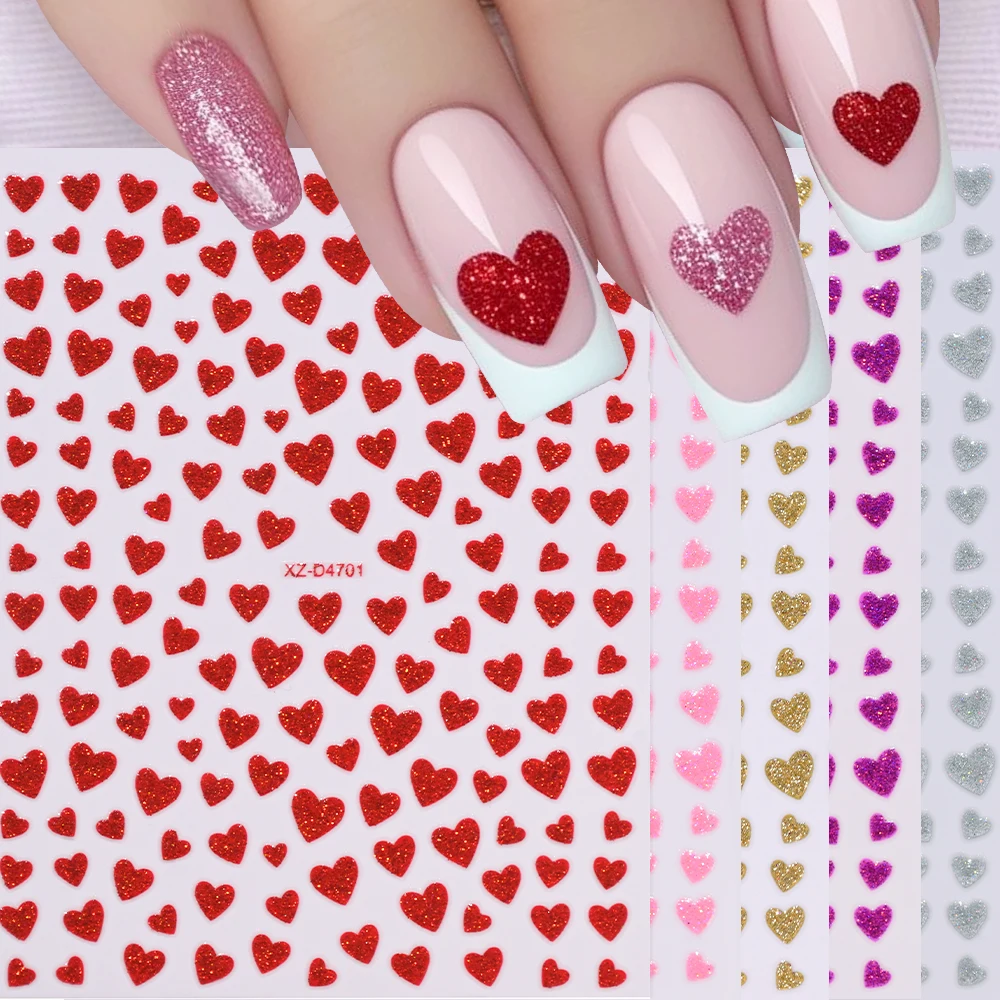 5 Farben 3D Valentinstag Glitzer Liebe-Herz Nagelaufkleber Herz Selbstklebender Nagelaufkleber Süße Liebe Maniküre Dekoration Schieber