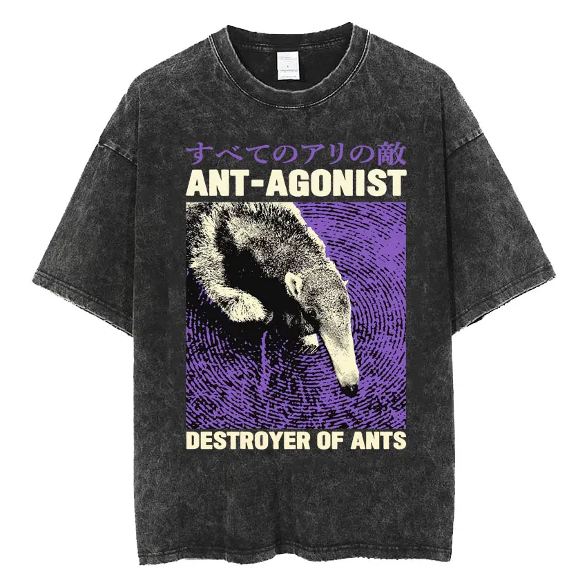 Destroy of Colonies Anteater Japanese Vintage Washed  T Shirt Men Fashion Casual Cozy T-shirts Harajuku High Quality T-shirt Y2k