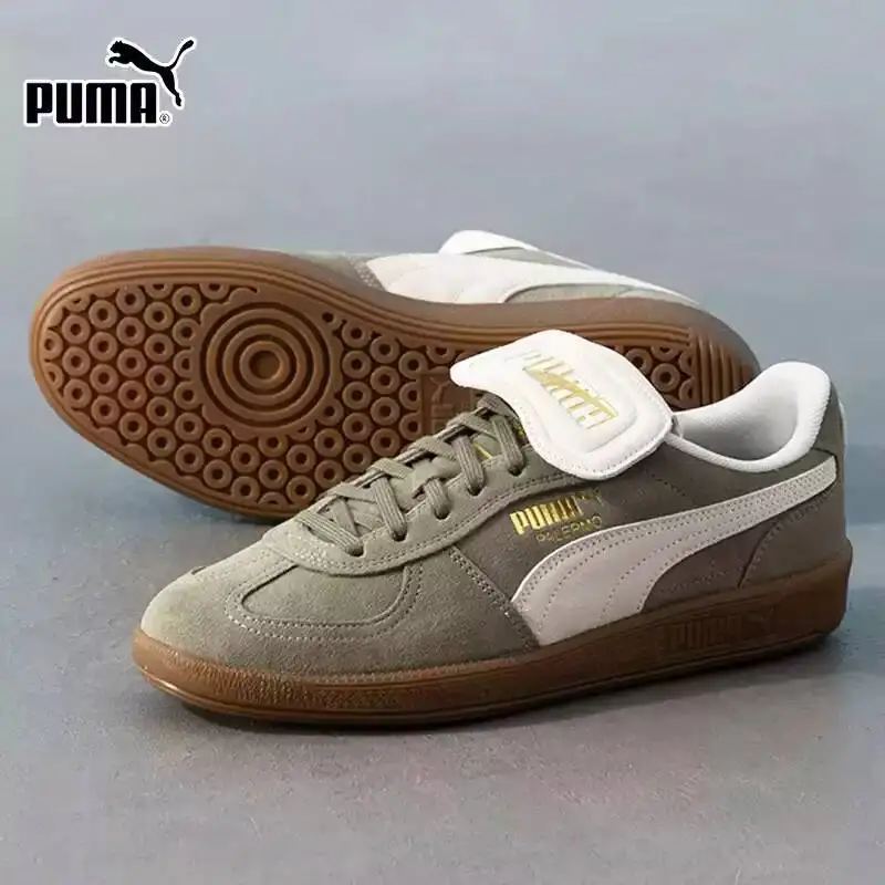 PUMA Olive Green Fold Tongue Suede Palermo Skate Sneakers, Gum Sole Retro Unisex Daily Casual Shoes 402350-02
